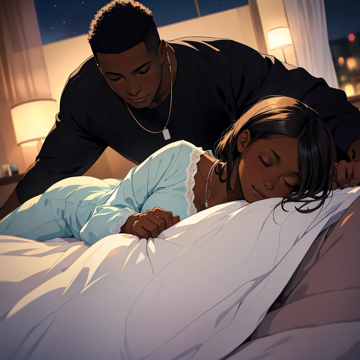 1 handsome black man watching a pretty black woman sleep, (((sprawled on a bed))) laying down next to each other, romantic, comfy clothing, night time, heads close together, eyes closed, cute, beautiful couple, peaceful,
masterpiece, overhead sharp lighting, high detail, clarity, multilevel detailing, blurry background,