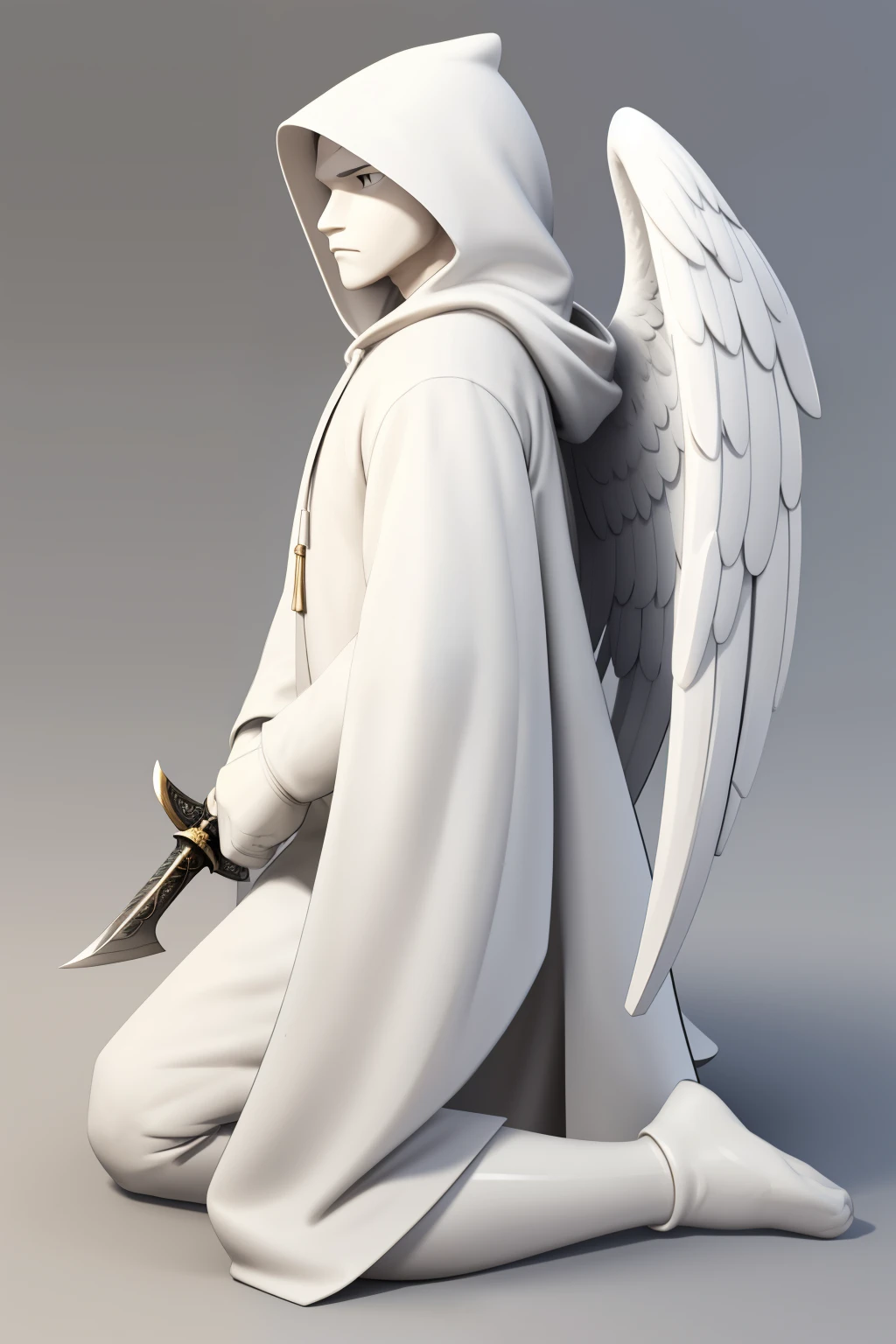 A white figure of an angel in a hood, down on one knee, with one hand resting his fingers on the ground, with the other hand holding the hilt of a sword stuck in the ground. The gaze is directed into the distance. The wings are folded behind the back. The figure is made of white ivory. is placed on a round stand like a chess piece.The overall picture consists of 3 pictures. Front view, side view and rear view. To create a 3D model.Everything is very detailed and well drawn.
