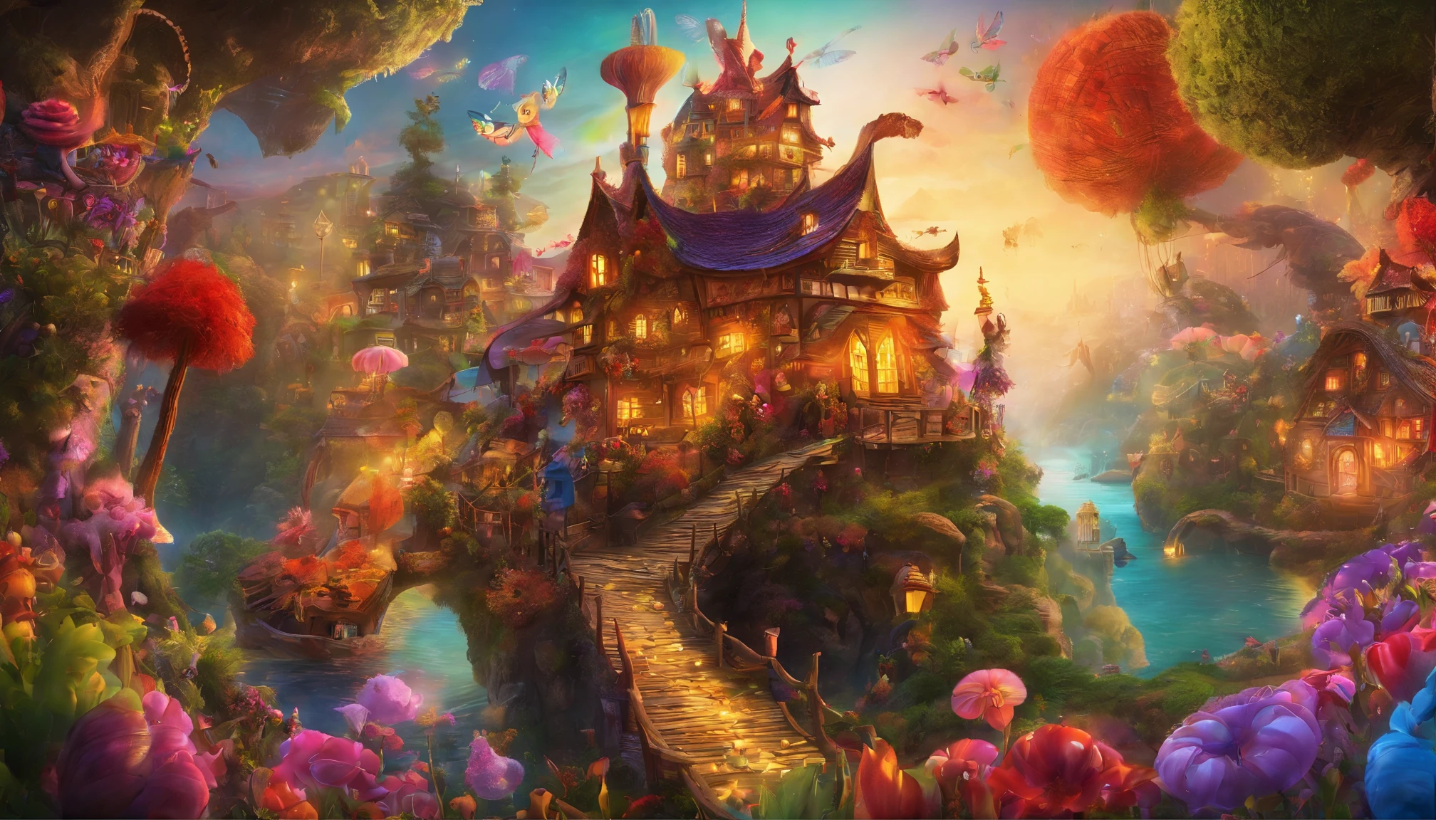 fairy tale picture book,mid-air,Ultra-wide angle of view,Fairy tale town,Many candy houses,Iris,a plant,high high quality,16K resolution,(Best quality),(tmasterpiece),ultra - detailed,Detailed details,ultra - detailed,ultra real photo,Overclocked renderer,Accurate