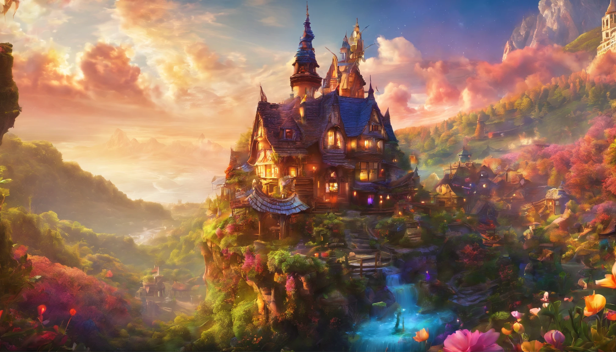 fairy tale picture book,mid-air,Ultra-wide angle of view,Fairy tale town,Many candy houses,Iris,a plant,high high quality,16K resolution,(Best quality),(tmasterpiece),ultra - detailed,Detailed details,ultra - detailed,ultra real photo,Overclocked renderer,Accurate