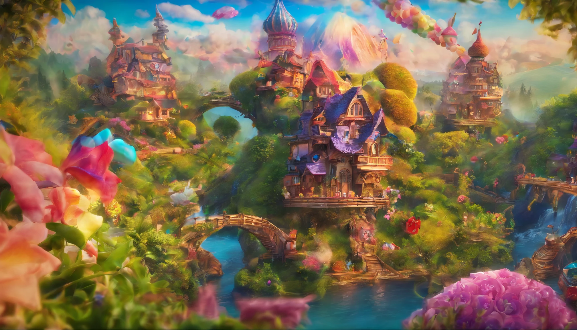 fairy tale picture book,mid-air,Ultra-wide angle of view,Fairy tale town,Many candy houses,Iris,a plant,high high quality,16K resolution,(Best quality),(tmasterpiece),ultra - detailed,Detailed details,ultra - detailed,ultra real photo,Overclocked renderer,Accurate