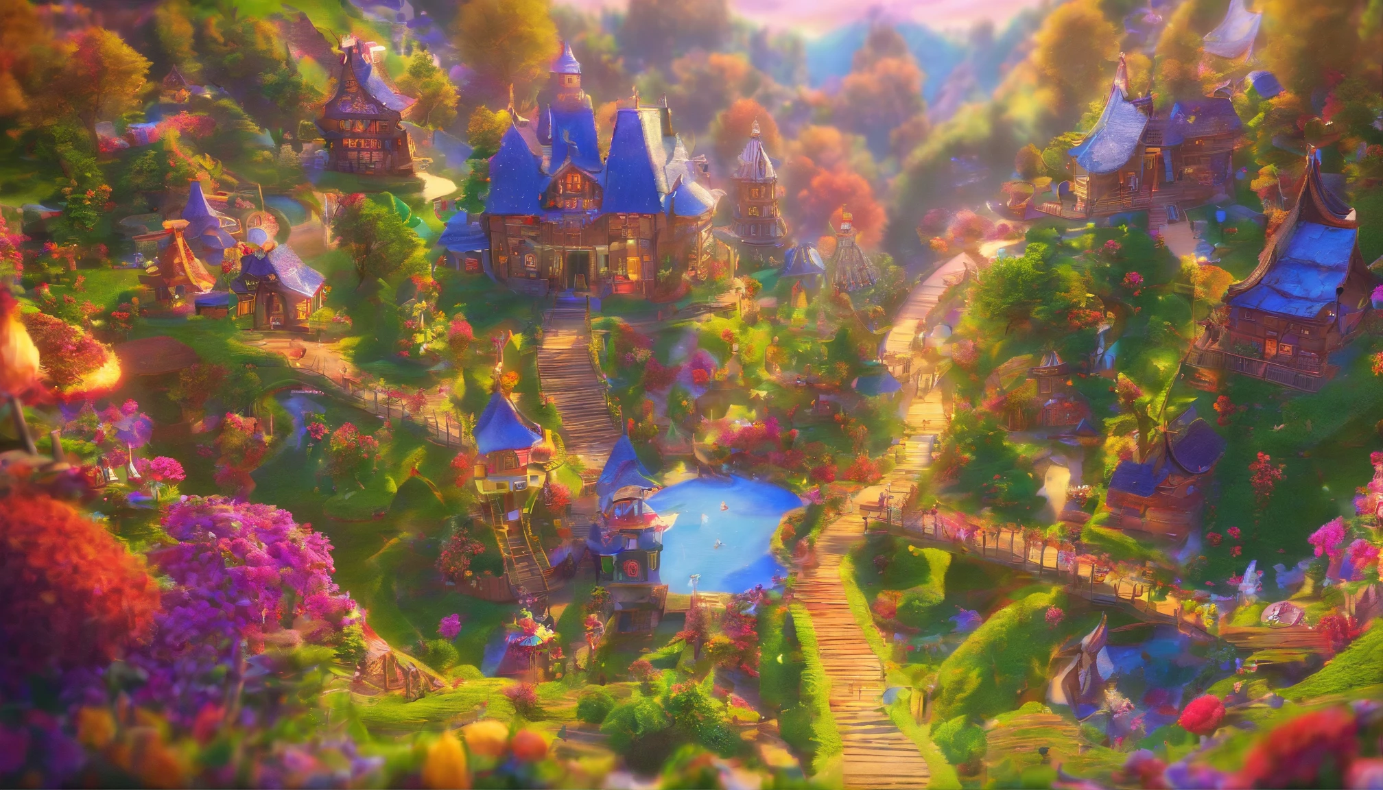 fairy tale picture book,mid-air,Ultra-wide angle of view,Fairy tale town,Many candy houses,Iris,a plant,high high quality,16K resolution,(Best quality),(tmasterpiece),ultra - detailed,Detailed details,ultra - detailed,ultra real photo,Overclocked renderer,Accurate