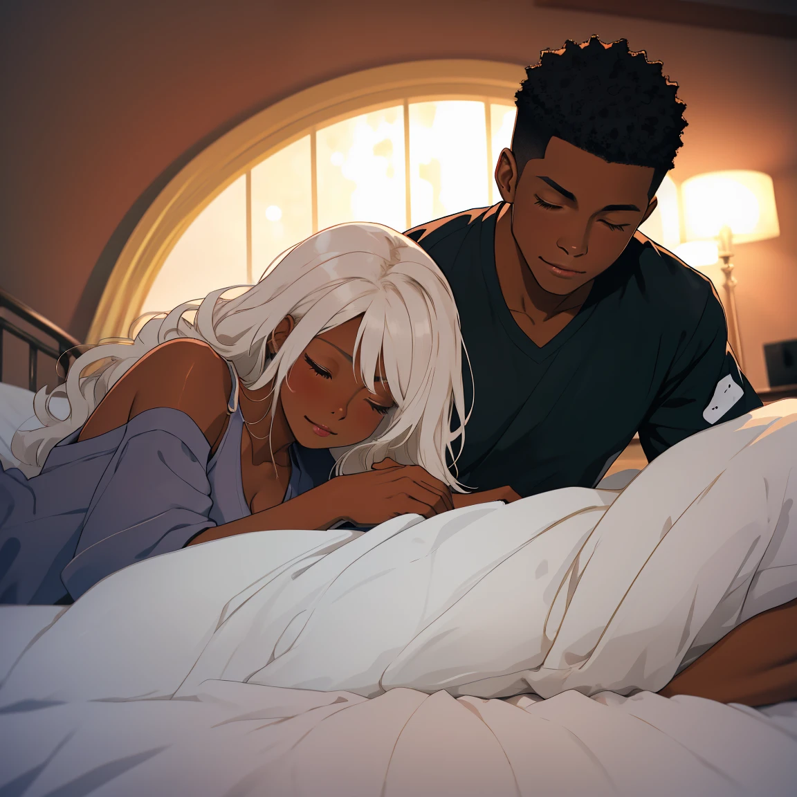 1 handsome black man watching one pretty black woman sleep, (((sprawled on a bed))) laying down next to each other, romantic, comfy clothing, night time, heads close together, eyes closed, cute, beautiful couple, peaceful,
masterpiece, overhead lighting, high detail, clarity, multilevel detailing, blurry background,