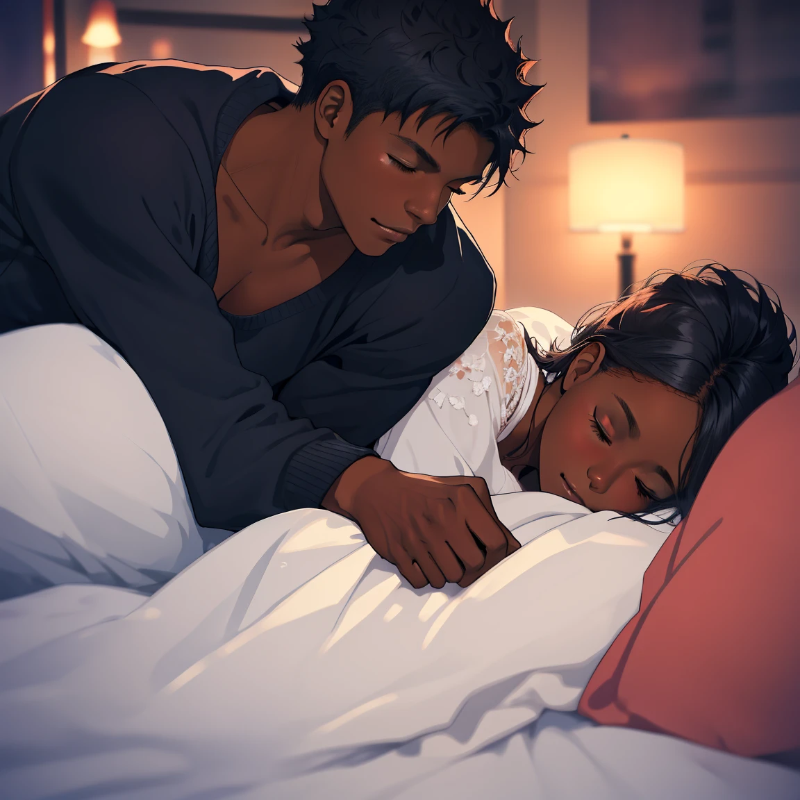 1 handsome black man watching one pretty black woman sleep, (((sprawled on a bed))) laying down next to each other, romantic, comfy clothing, night time, heads close together, eyes closed, cute, beautiful couple, peaceful,
masterpiece, overhead lighting, high detail, clarity, multilevel detailing, blurry background,
