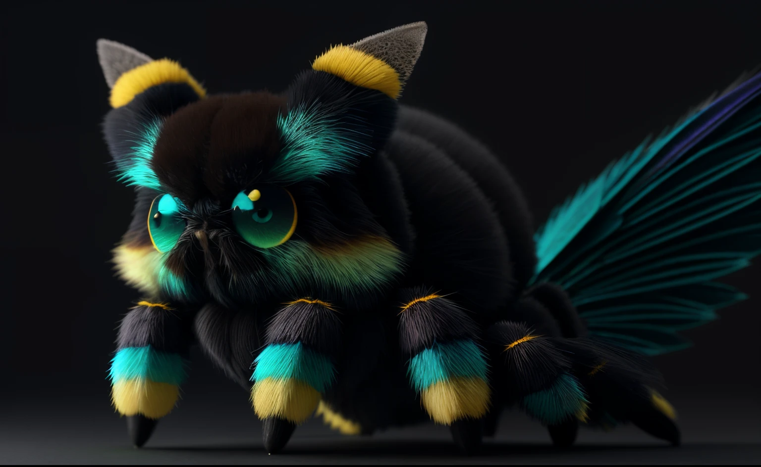 alta qualidade 3 d render hiperrealista muito bonito multipastel pontilhado fofo! Tarantula with detailed fluffy wings! ! , vray suave, no estilo do detetive pikachu, hannah yata charlie immer, dramatic blue light, lowangle, uhd 8 k, foco nítido,