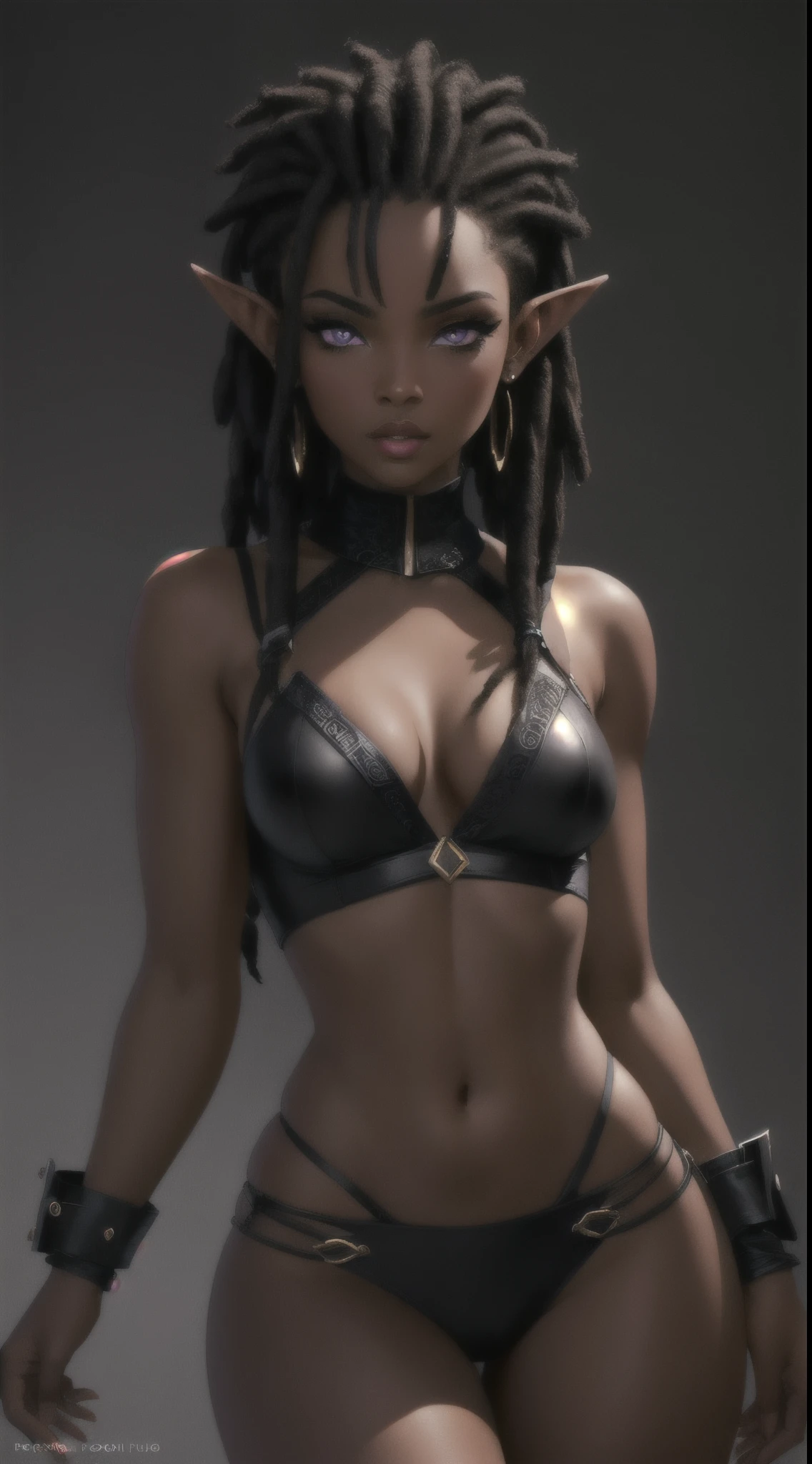 (Concept Art) of an (African-American) female, with dark (black dreadlocks), purple eyes, dark (brown skin), (pointed ears), (slutty assassin), sexy black attire, (lust) demon, (medium shot), perfect composition, hyper-detailed, 8K, high quality, (perfect eyes), trending art, sharp focus, studio photo, intricate details, (Pin-up) pose