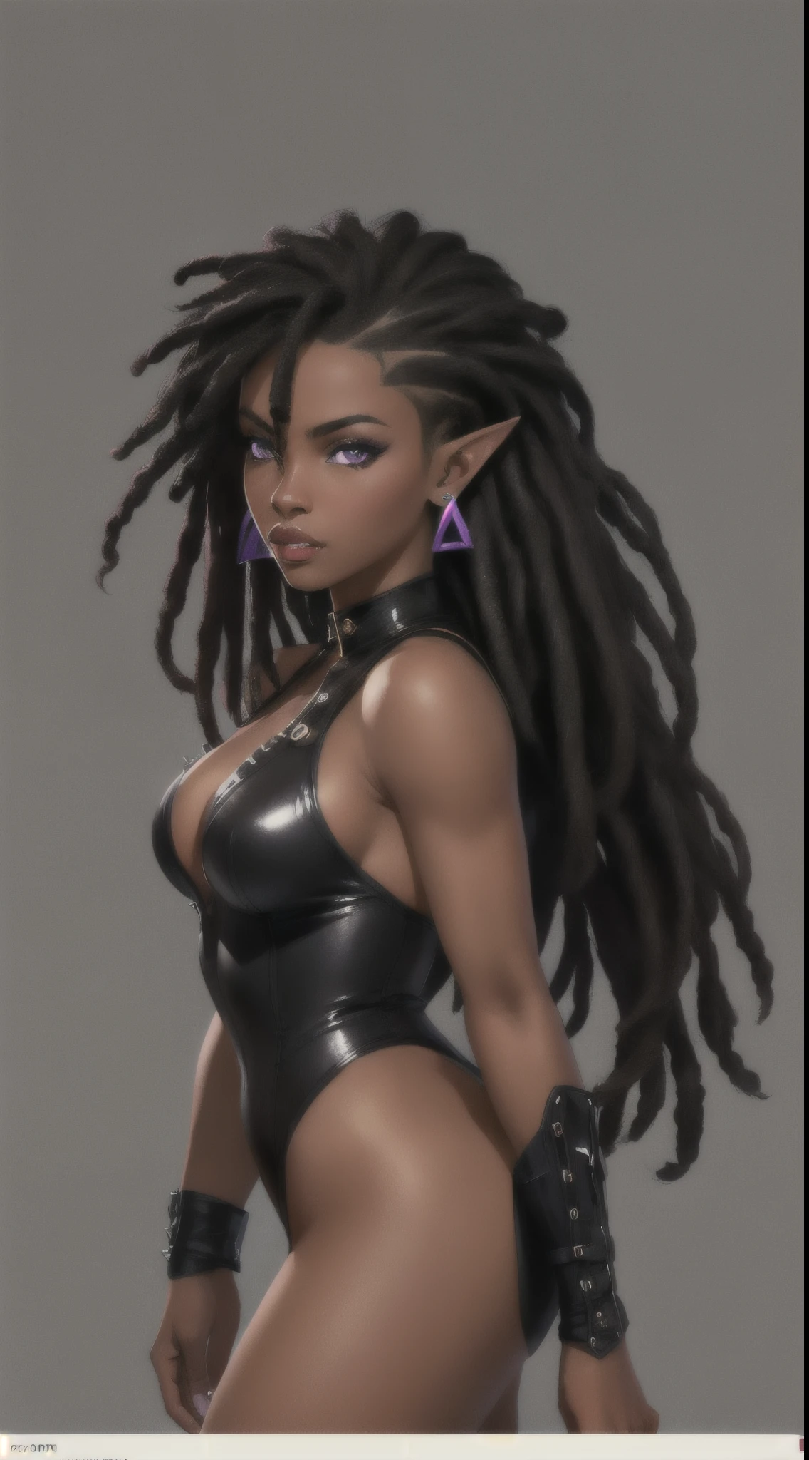 (Concept Art) of an (African-American) female, with dark (black dreadlocks), purple eyes, dark (brown skin), (pointed ears), (slutty assassin), sexy black attire, (lust) demon, (medium shot), perfect composition, hyper-detailed, 8K, high quality, (perfect eyes), trending art, sharp focus, studio photo, intricate details, (Pin-up) pose