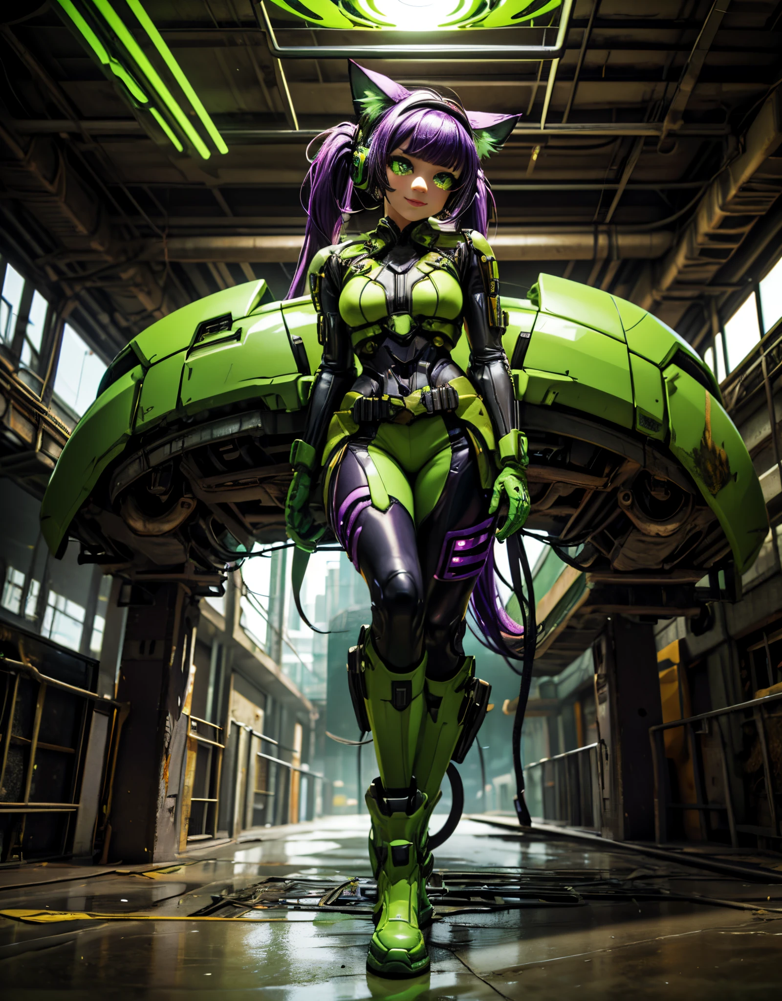 "Masterpiece in dystopian 4K resolution UHD high detail, with mecha_musume purple_glitter style, vibrant details in green and yellow, inspired by cyberpunk chaos. Vibrant green and yellow details capture the eye, while her towering cybernetic boots make a bold statement. Her pious eyes connect with the viewer, conveying a mix of courage and mystery. A graceful smile illuminates her face, framed by a headset with cat ears. Her short "light green" hair, with bangs and two pigtails, creates a fascinating contrast with the deteriorated setting of the underground oasis. Clear water, mud, pipes and crumbling concrete structures make up the environment , providing an intriguing and horrifying vision of cyber horror.|{The camera positioned very close to her, revealing her entire body as she adopts a _pose, interacting with and leaning on a structure in the scene in an exciting way.} | ((perfect_pose):1), She  adopting a ((_pose as interactions, boldly leaning on a structure, leaning back in a dynamic way):1.3), ((full body)), ((hands_with_5_fingers):1), ((perfect_hands):1), ((perfect_fingers):1), ((perfect_legs):1), better_hands, More Detail".