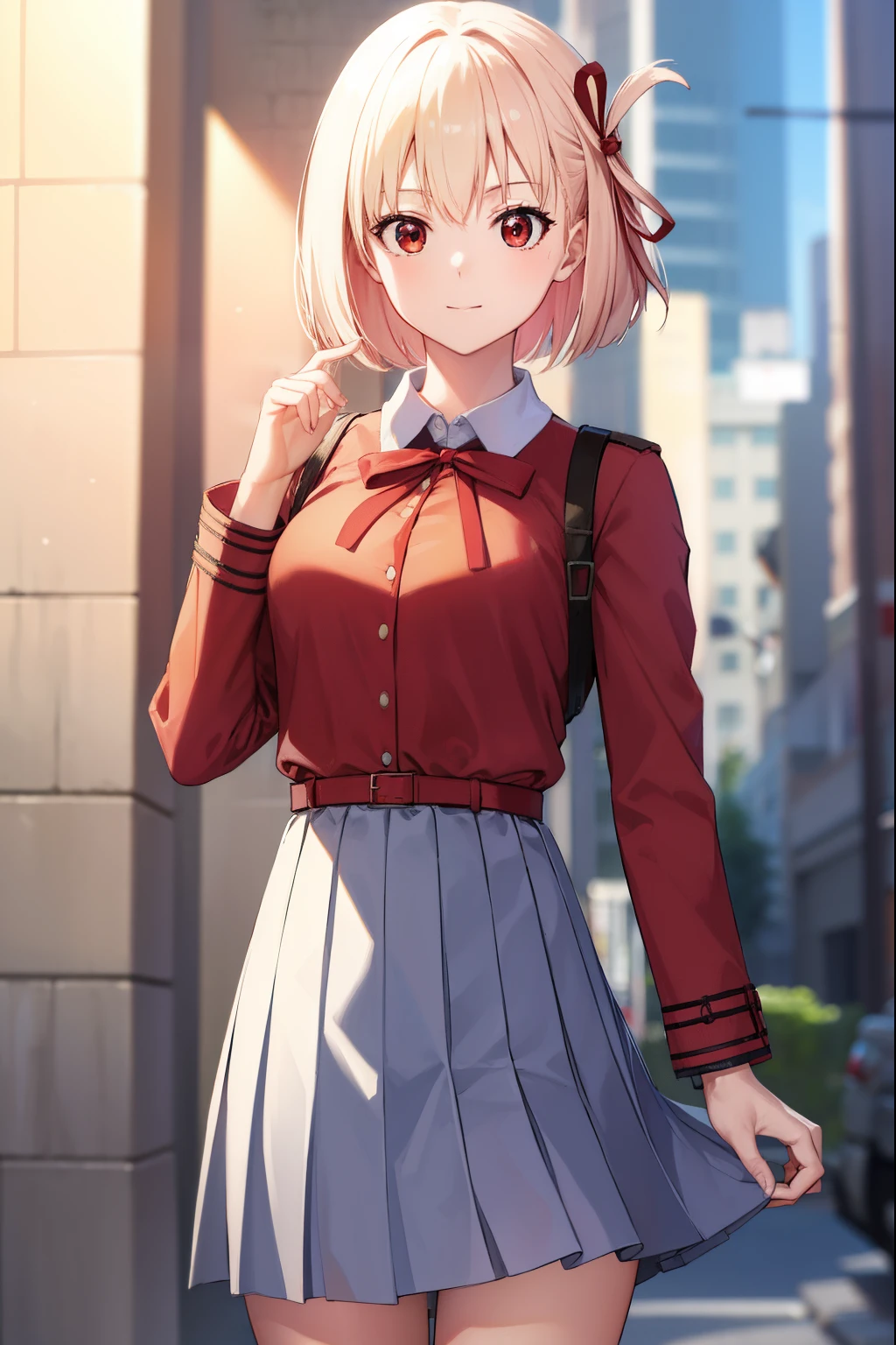 Chisatoniki, Senri, Short hair, Bangs, Blonde hair, (Red Eyes:1.5), Hair Ribbon, One side up, bob cuts,
BREAK  shirt, Long sleeves, Dress, bow ribbon, White shirt, Collared shirt, Belt bag, Neck ribbon, Red dress, Blue Ribbon, pleated dress, grey dress, two-tone dress, Red Belt, Lycoris Uniform,
BREAK outdoors, city,
BREAK looking at viewer, (Cowboy Shot:1.5),
BREAK (masutepiece:1.2), Best Quality, High resolution, Unity 8k壁纸, (Illustration:0.8), (Beautiful detailed eyes:1.6), extra detailed face, a smile,Perfect Lighting, extremely details CG, (Perfect hands, Perfect Anatomy),