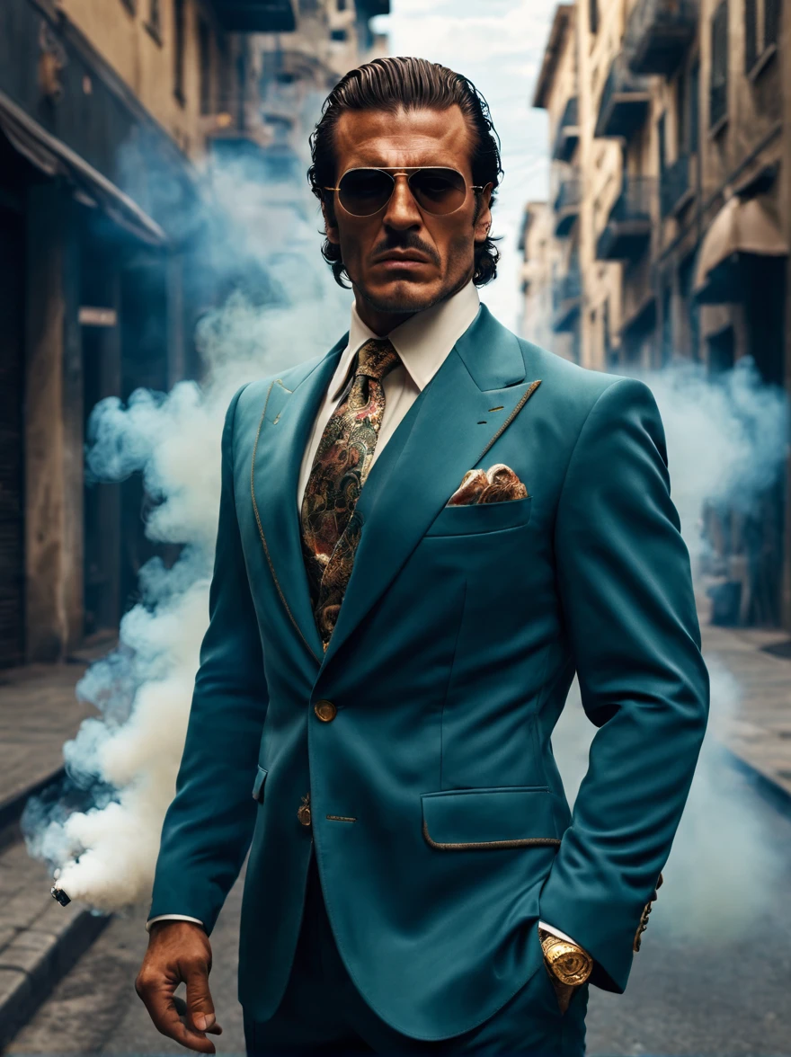 Create an image of a handsome Italian mafia boss, Tough, eyed, Savage, , ferocious, Intimidating, Wearing a luxurious gucci suit, (wide angle, full body), smokes. Stand in the middle of the street. 80's movie style, smoke background