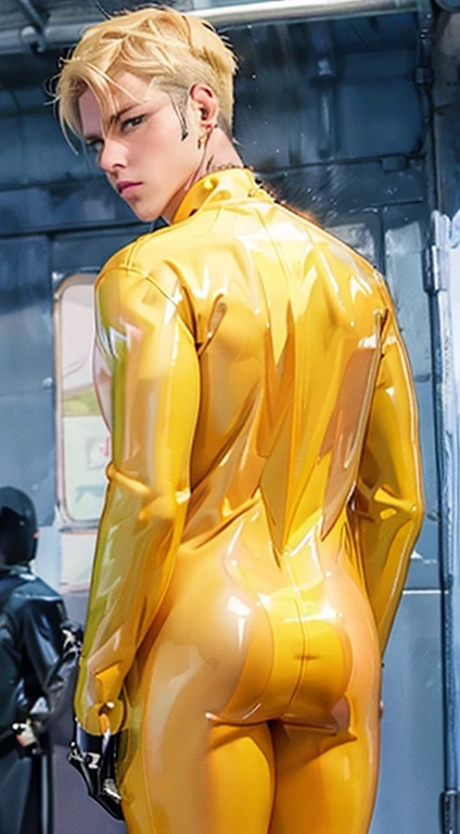 blonde hair male yellow clear raincoat with latex faceless  , tight ass