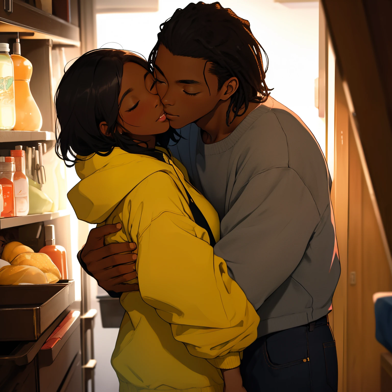 1 black man, 1 black woman, dark skintone, sleeping , cute, cuddling, romantic, comfy clothing, night time,

masterpiece, overhead sharp lighting, high detail, clarity, multilevel detailing, blurry background,