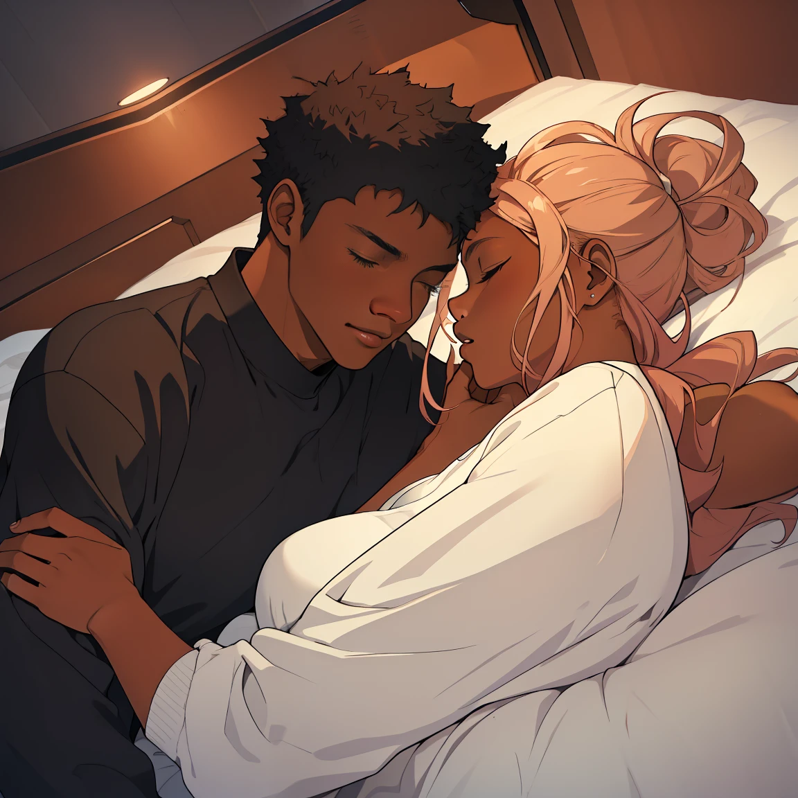1 handsome black man watching a pretty black woman sleep, (((sprawled on a bed))) lying down beside each other, romantic, comfy clothing, night time, heads close together, eyes closed, cute, beautiful couple, peaceful, view from above
masterpiece, overhead lighting, high detail, clarity, multilevel detailing, blurry background,