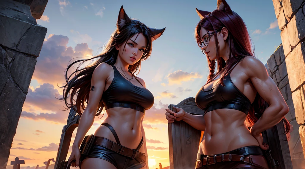 (masterpiece, best)), (1girl), (mature woman), Maroon hair, open-chest seduction, flared, (kemonomimi tome Raider lady), bangs, medium breasts, glasses lady, (full), slim, smile, [wide hips], standing, 8K picture quality, sexy seduction, (open-chest) (Sharp focus: 1.5), (sharp focus:1.2), (beautiful face:1.1), (eye makeup:1.2), (tight body:1.2), (Lara Croft outfit:1.2). ( sunset lighting:1.2), ((Masterpiece)), (highest quality))), ( national costume, same character, front, side, back), ( graveyard background: 1.3) ( Masterpiece:1.2), (Best Quality:1.3) (best quality:1.1) realistic:1.37 long, flowing:1.1 luscious, plump:1.1 sparkling sequins:1.1 subtle, soft, warm:1.1 best quality,4k,8k,highres,masterpiece:1.2, realistic,photorealistic,photo-realistic:1.37, ultra-detailed:1.1 busty animal ears, beautiful, detailed ears:1.1 best quality, 4k, highres, masterpiece:1.2 detailed, piercing eyes:1.1 4k, 8k, highres, masterpiece:1.2 very three-dimensional: 1.2 (8k, best quality, masterpiece:1.2 ((masterpiece, best))