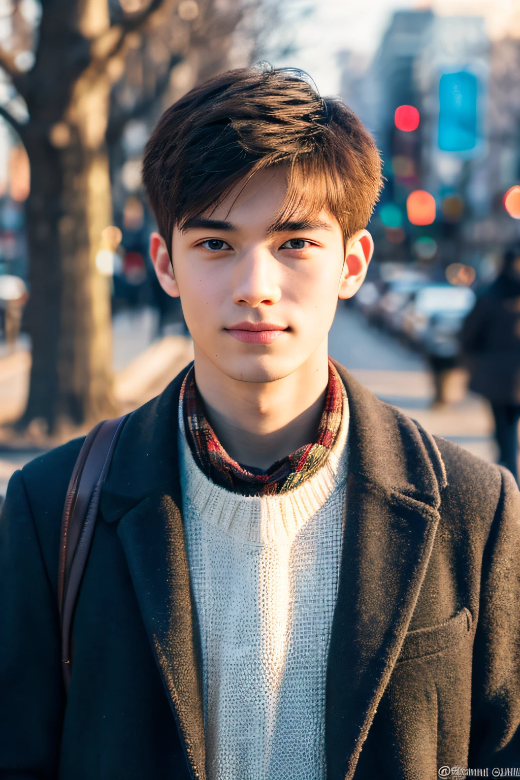 Photorealsitic, 8K full body portrait, a handsome, An 18-year-old man, A charming expression, Precise facial details, TOKYOcty, Winters, Shibuya in the background