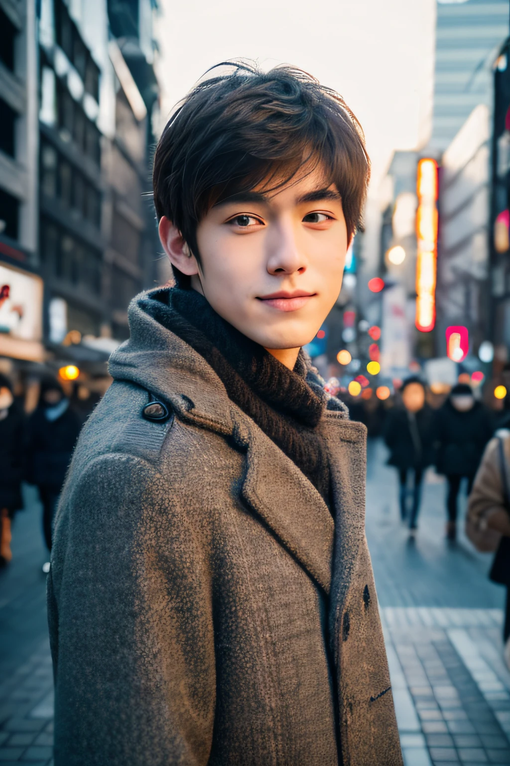 Photorealsitic, 8K full body portrait, a handsome, An 18-year-old man, A charming expression, Precise facial details, TOKYOcty, Winters, Shibuya in the background