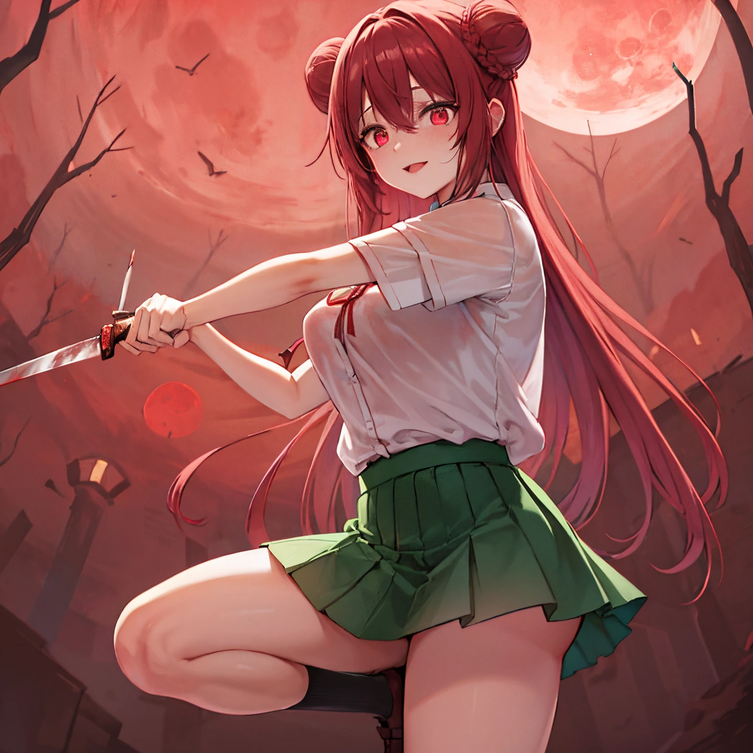 satou matsuzaka, pink hair, long hair, pink eyes, hair buns, double buns, school uniform, ((((red moon)))), green skirt, white shirt, yandere, (((knife))), blood, dark forest, (((holding knife))), hair ribbon, dark night, dark, red color, red lights, some blood, ((more blood)), large breasts, (((see-through))), knife in hand, long knife, holding, big thighs