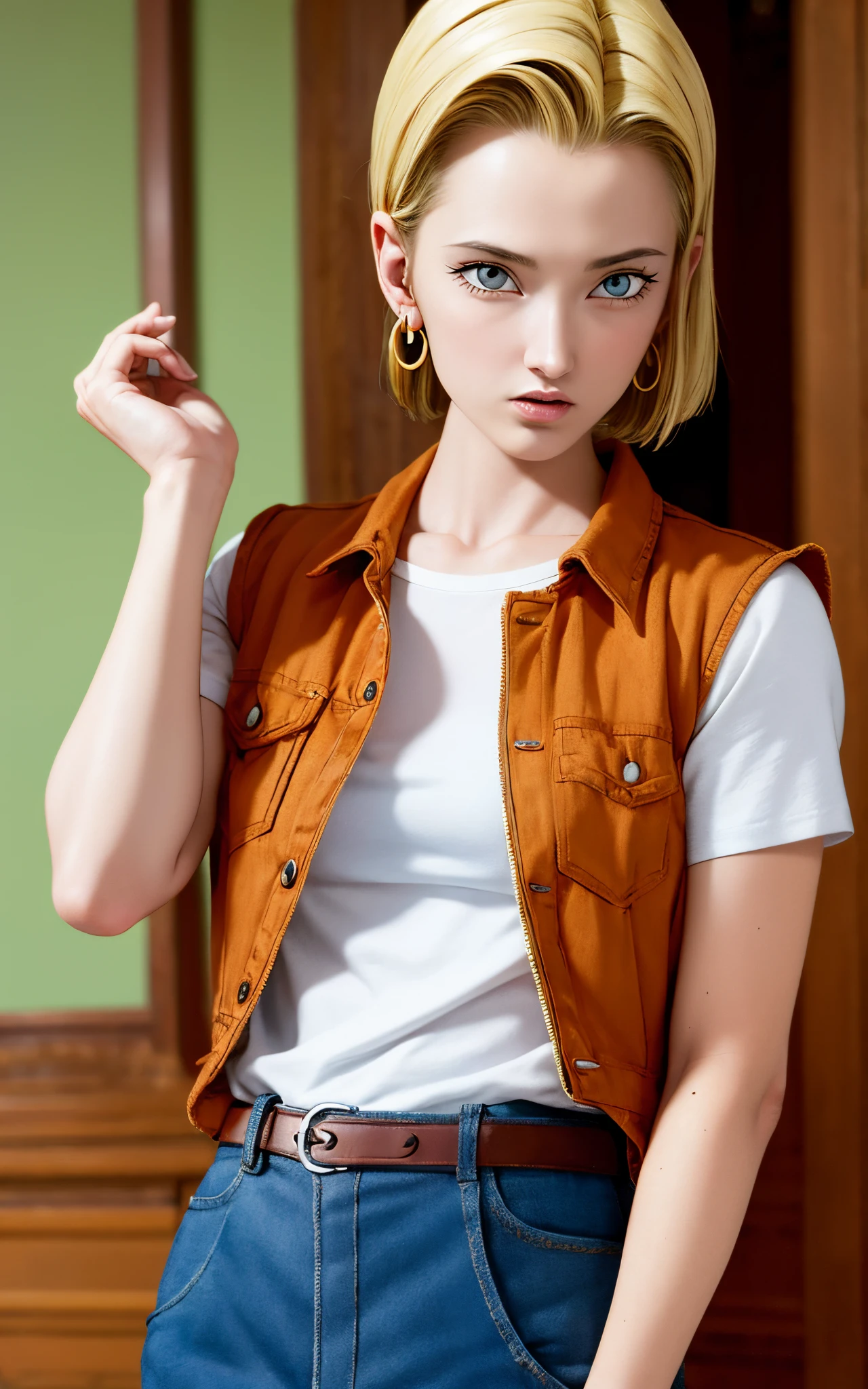 (masterpiece, best quality), realistic version of android18, earrings, denim, belt upper body, focus face, perfect face, Emily Rudd.