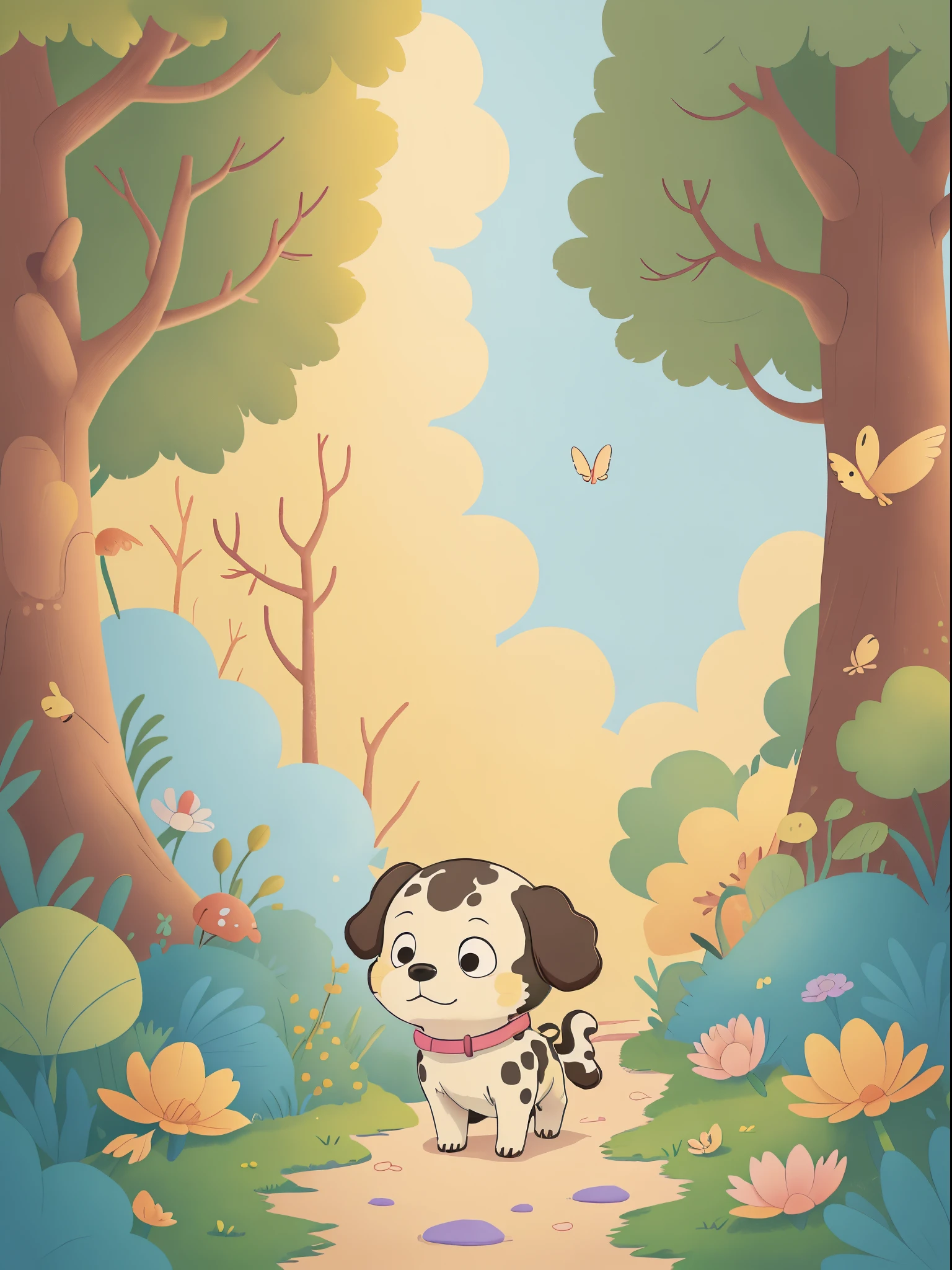classical animation，Continuous shooting，Cinematic immersion，Sense of story，coloring book,Picture book stories,High saturation color,colorful illustrations，publication，（No children！！！）Polka-dot dog walks frustratedly along a colorful garden path，The spots on the dog&#39;s body are reflected against the petals，Dalmatian dog bows his head alone and meditates，