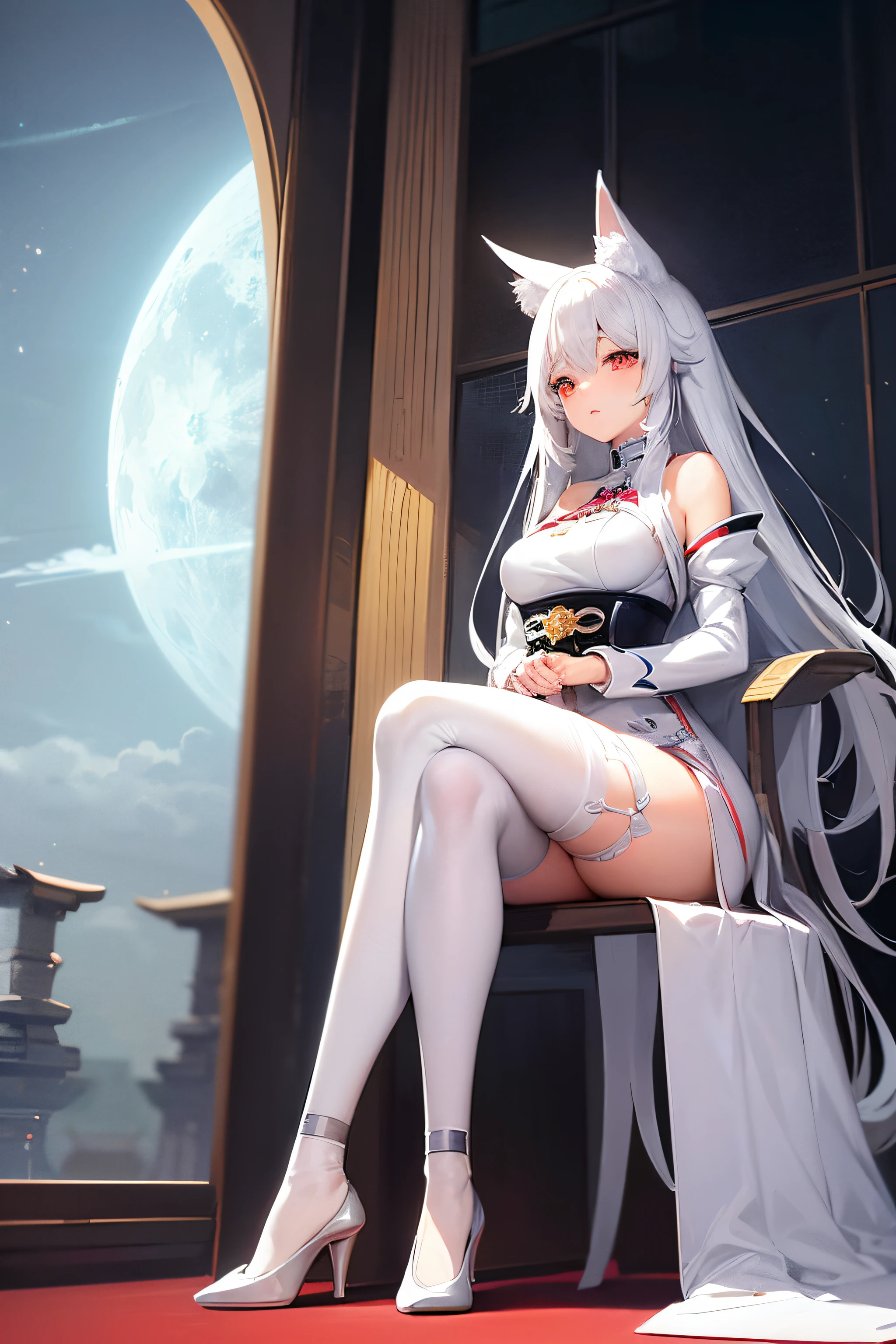 Masterpiece,High Quality:1.2,(Full Length:1.2),((Wolf Ear)),(Young Woman), Cute,((Full Length)), One, Girl,(Long White Hair:1.3),(Messy Hair:1. 2),(I'm eating:1.5),(With scornful eyes:1.4),(Sky Eyes:1. 3 ),(Red Eyes:1.2),(Face focus:1.3),(Super smile:1.3),(Gentle features:1. 3),(Long white hair:1.3), my hair is messy,((Clear Eyes)),(Red eyes:1. 3 ),(Perfectly detailed eyes:1.3),((Perfect hands)),(Anime Big Tits),(Luminous), black clothes, dynamic angle, dynamic pose,((Shine of light)),((photo shoot ))),(feminine:1.4),(beautiful:1.4),(Charm:1.3),(Light background)