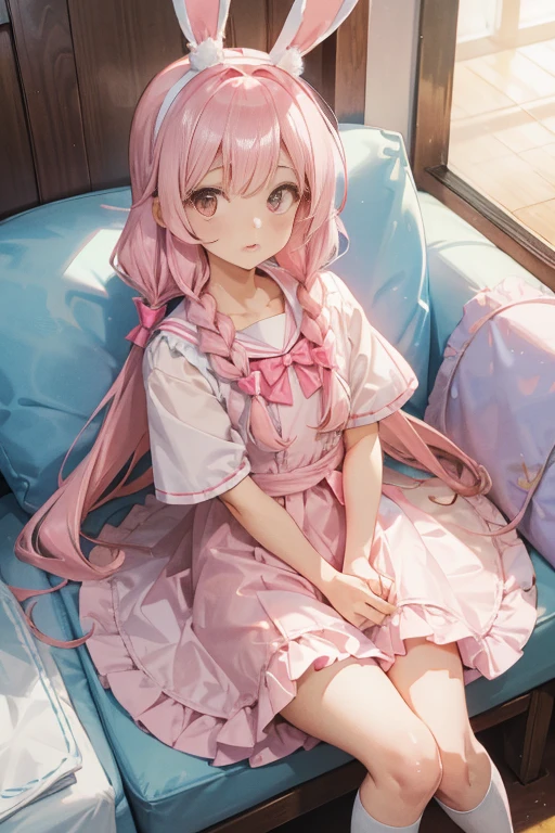 Dreamy shiny pink braids,Long white rabbit ears,Pink sailor suit,White socks,White loose antique clothing,The eyes are pink,It's a cute girl