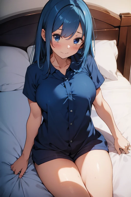 A sleeping girl 1.60 meters of navy blue hair, tight blue pajamas and very large breasts and thighs