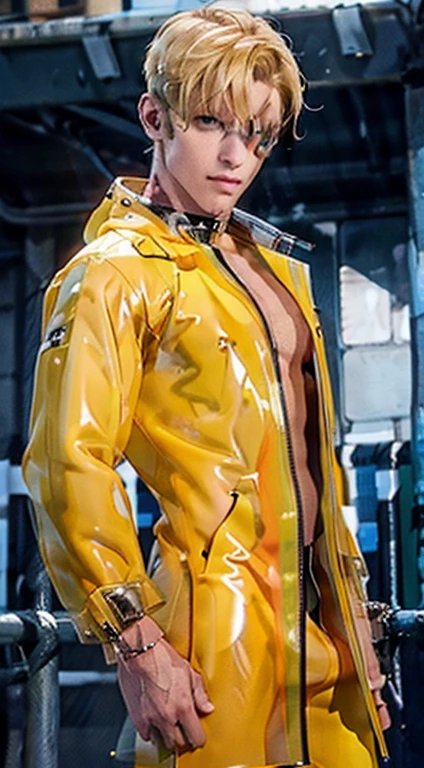 blonde hair male yellow clear raincoat with bondage , tight ass