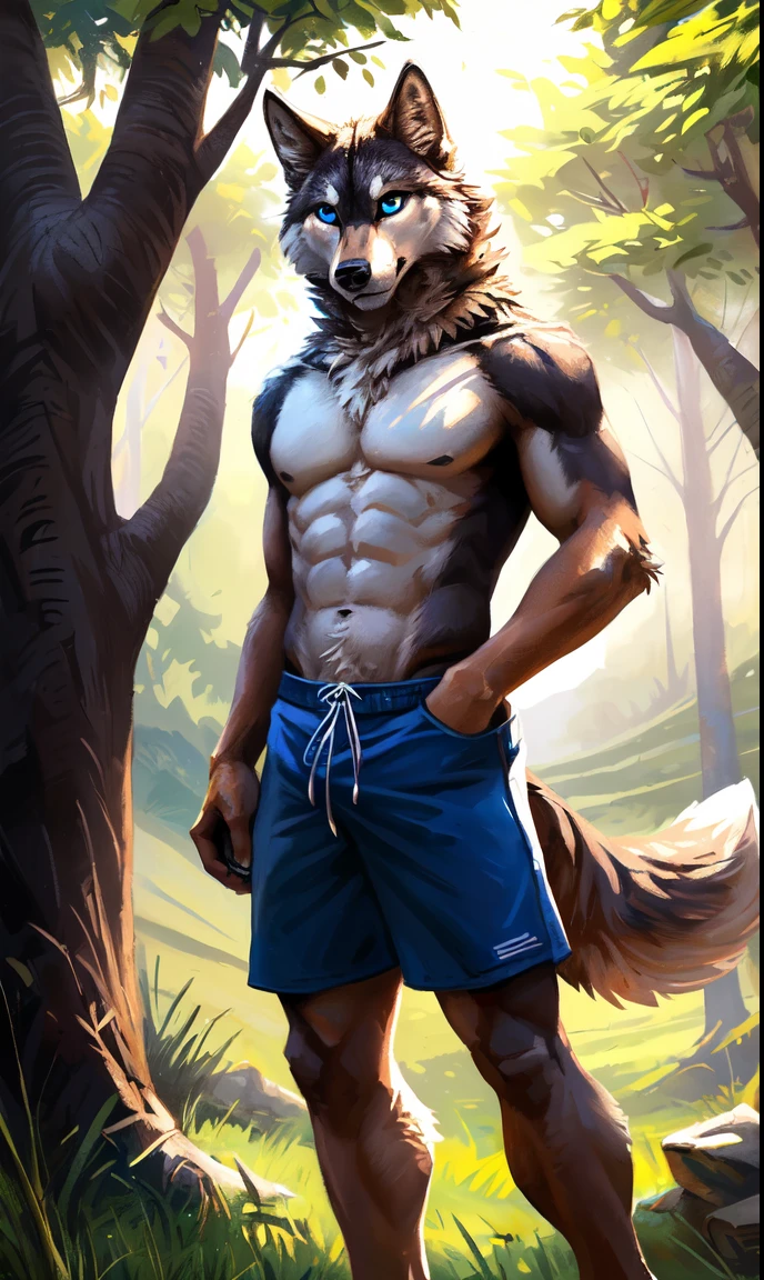 ((Solo)), male people, anthro wolf, (Multi-colored fur, White-brown:1.3,White tail pointed), (Height 2.1m,Tail length 1.2m), ((Wolf face, Big eyes, White eyelids, Blue pupil, Slim:1.2) (Tough, Calm expression:1.2)), Abs, Slim, pinging)), (Correct anatomy), (Work shorts:1.1), The upper body naked, (detailed outfits),A long big tail,Feet,(Realistic fur, Detailed fur texture, labeled:1.3)), (Natural lighting), Photorealistic, Hyperrealistic, ultradetailed, by Kenket,Endless grasslands,There are no trees,There are no big stones,No artificiality,erect through,Running on