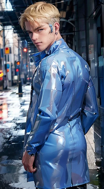 blonde hair male blue clear raincoat with bondage , tight ass