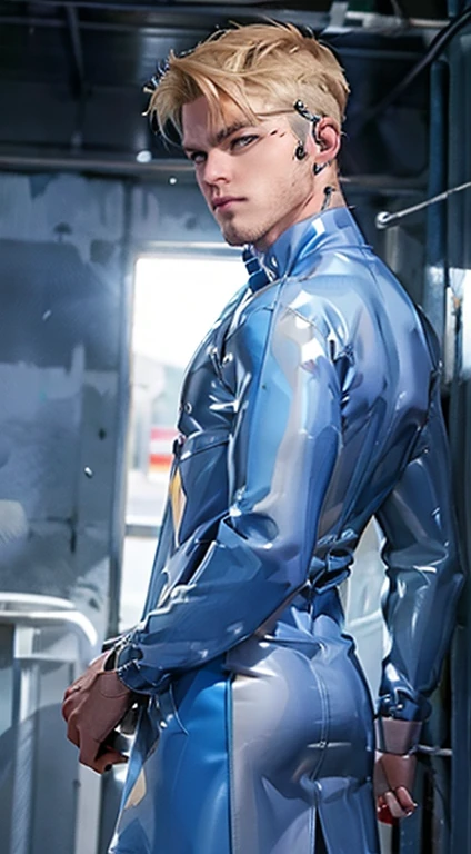 blonde hair male blue clear raincoat with bondage , tight ass