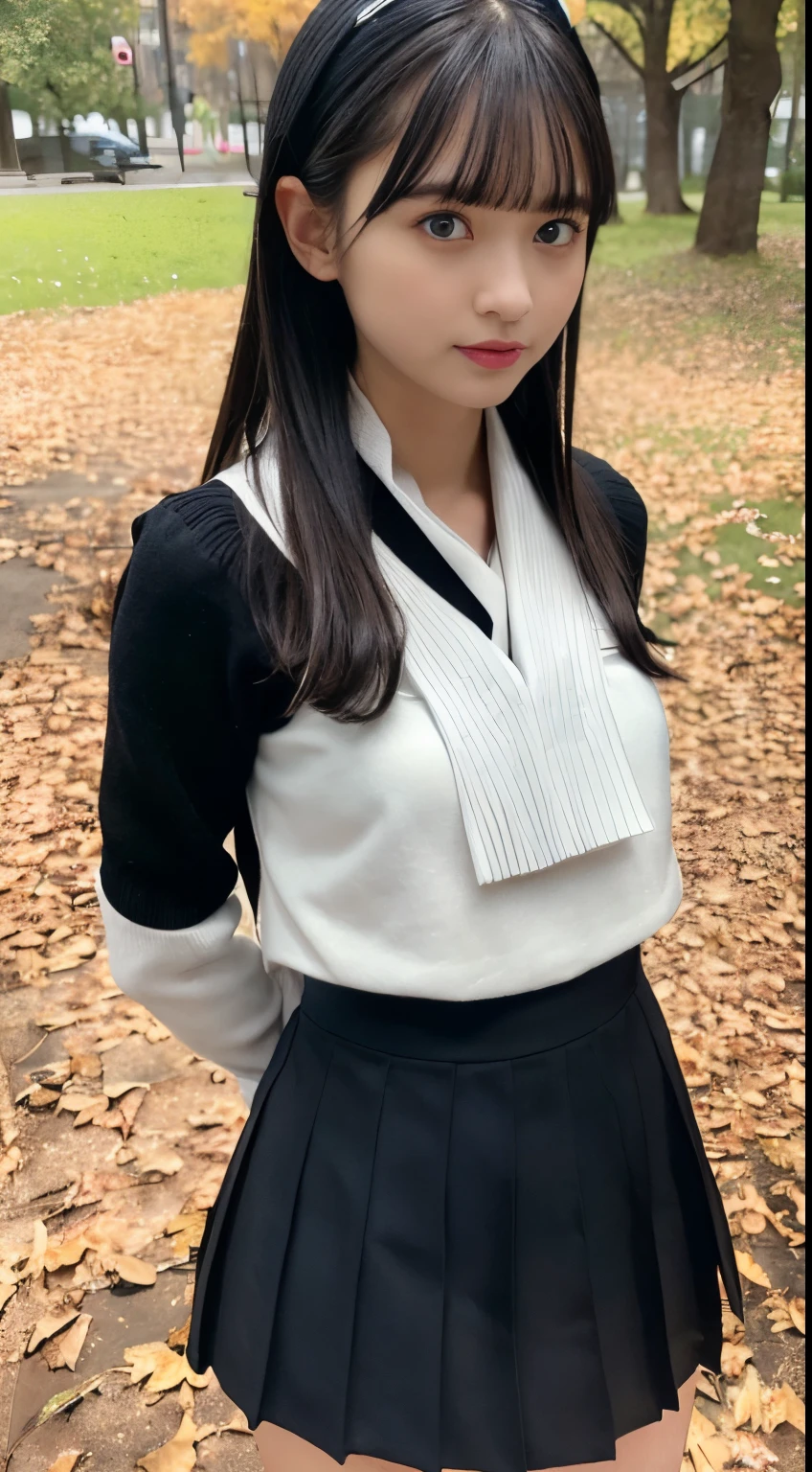 upper body, (masterpiece:1.2), best quality, high resolution, detailed eyes, Diamond-Shaped Face, Sharp Chin, light blue Eyes, medium breasts, extremely detailed face, 1girl, solo, medium hair,black hair, (blunt bangs:1.3),(white scarf:1.3), white collar shirts,(dark blue blazer:1.2), (blue tie:1),(black pleats skirt:1.3), (black mini skirt:1.3),(black over-the-calf socks:1.2), loafers, smile, park, autumn, maple branch, (fallen leaves are falling:1.2), standing, (arms behind back:1.2), (looking at viewer:1.2),(grass covered with a lot of fallen leaves:1.3)