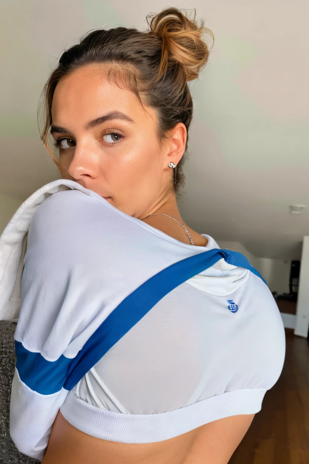 ((best quality)), ((master part)), (circunstanciado), rosto perfeito. Rusherking com um moletom azul marinho; white sweatpants; segurando um cachorro fofo; com lacinhos e um penteado adoravel.