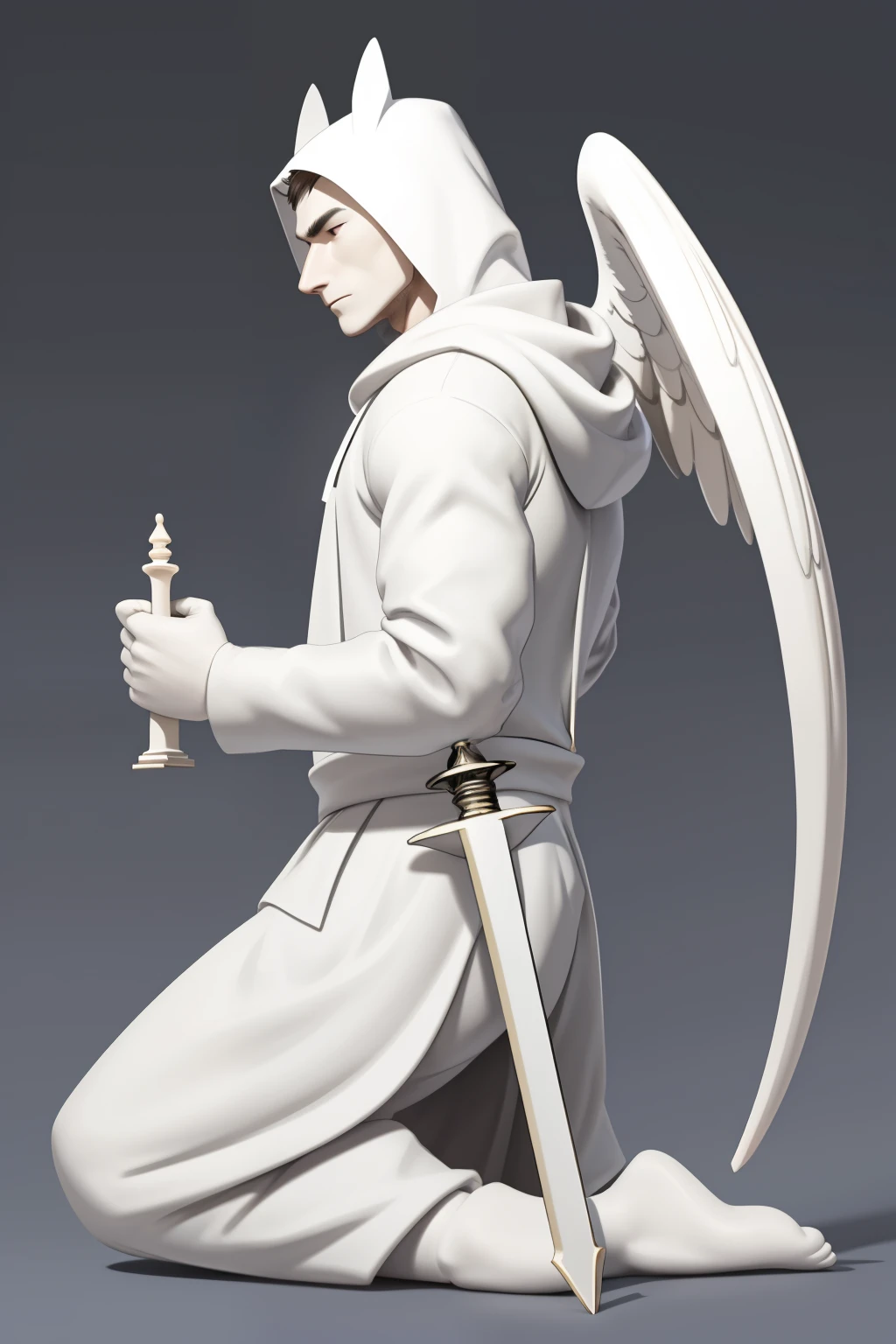 A white figure of an angel in a hood, down on one knee, with one hand resting his fingers on the ground, with the other hand holding the hilt of a sword stuck in the ground. The gaze is directed into the distance. The wings are folded behind the back. The figure is made of white ivory. is placed on a round stand like a chess piece.The overall picture consists of 3 pictures. Front view, side view and rear view. To create a 3D model.Everything is very detailed and well drawn.