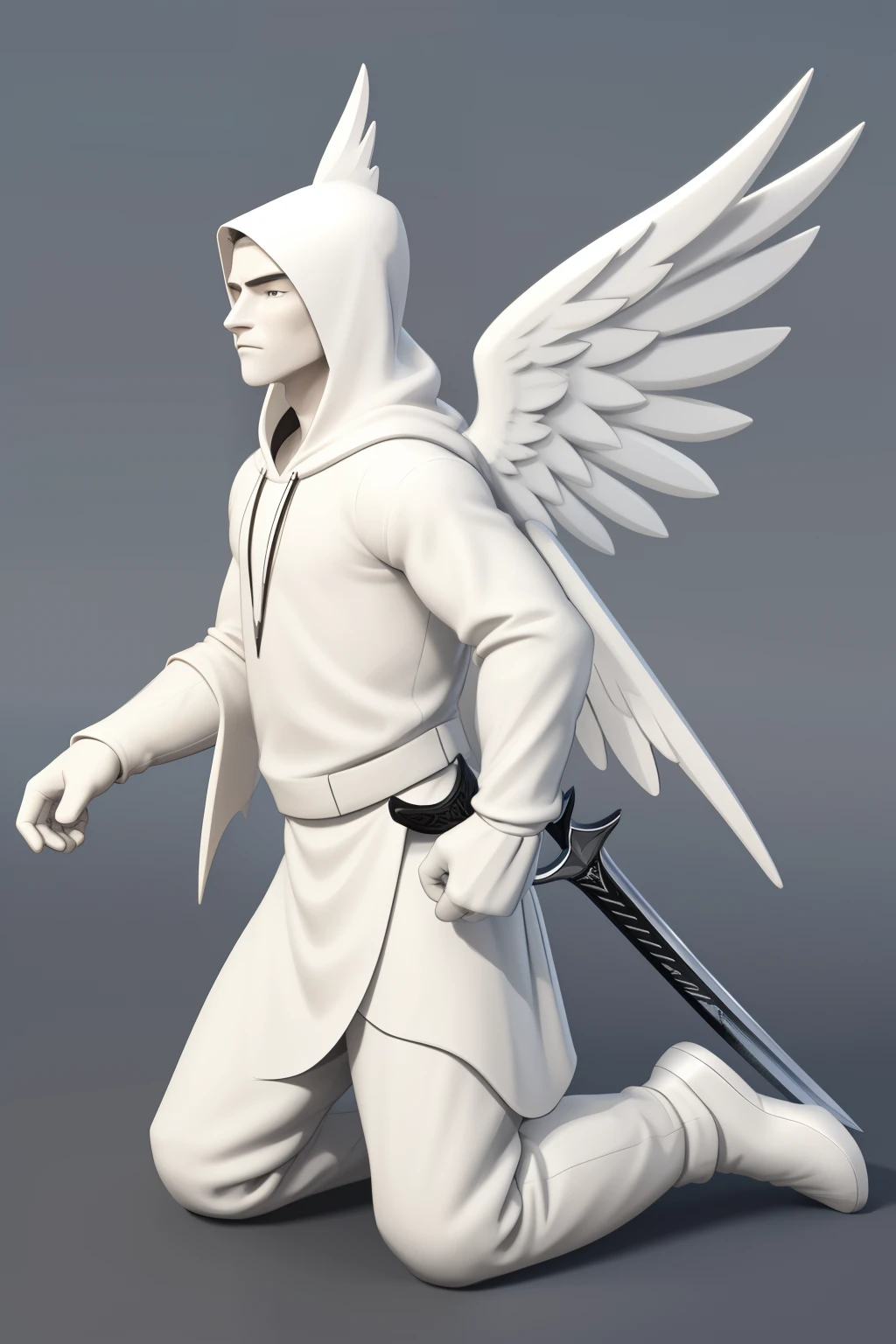 A white figure of an angel in a hood, down on one knee, with one hand resting his fingers on the ground, with the other hand holding the hilt of a sword stuck in the ground. The gaze is directed into the distance. The wings are folded behind the back. The figure is made of white ivory. is placed on a round stand like a chess piece.The overall picture consists of 3 pictures. Front view, side view and rear view. To create a 3D model.Everything is very detailed and well drawn.