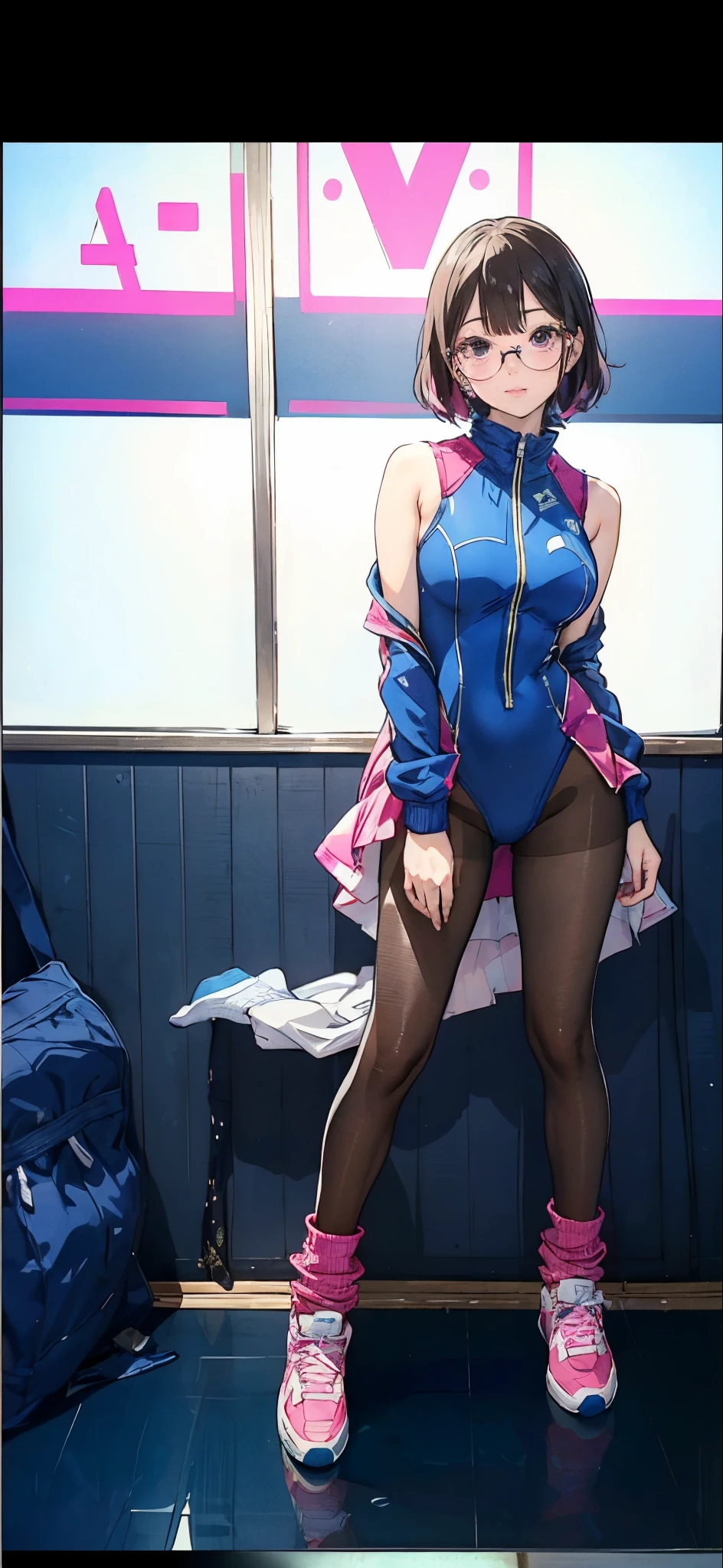 Anime character wearing glasses and a blue top takes a photo, asuka suit under clothes!Mirror style\Edge of, wearing track and field suit, thighs focus, wearing leotard, tight outfit, Loose socks、Espadrillier edge art style, an anime girl, Ilya Kuvshinov、Artistic photography,(Photo taken by SLDR),hight resolution, Sharp Focus, (ultra-detailliert, Extremely detailed), (Photorealistic artwork:1.37),(the Extremely Detailed CG Unity 8K Wallpapers),((Synthwave Background Theme)),(((Vibrant colors))),(Intricate background),(masutepiece),(Best Quality), ((Onepiece_Swimsuit Magenta,Wearing a dress_Leotard Costume:1.3,Magenta Armor Swimsuit:1.3 hose 1.5,loose socks 1.3 sneakers 1.3)),((complex costume,intricate clothing)),