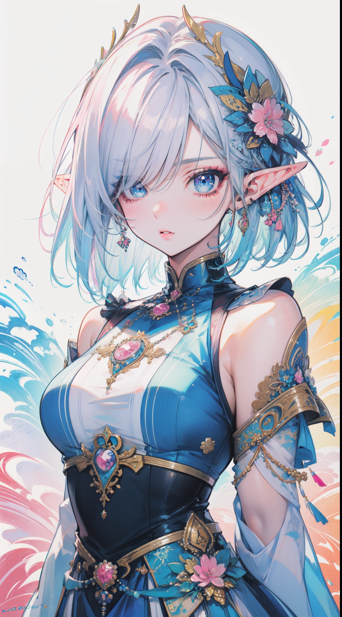 (masterpiece, top quality, best quality, official art, beautiful and aesthetic:1.2), (elf), (1girl), Bob cut hair, parted bangs, (hair over one eye), white hair, lips, eyelashes, makeup, blue eyes, eyeshadow, pink eyeshadow, pink lips, extreme detailed,(fractal art:1.3),colorful,highest detailed, art by Artgerm, by wadim kashin, by Kawacy, by Yusuke Murata