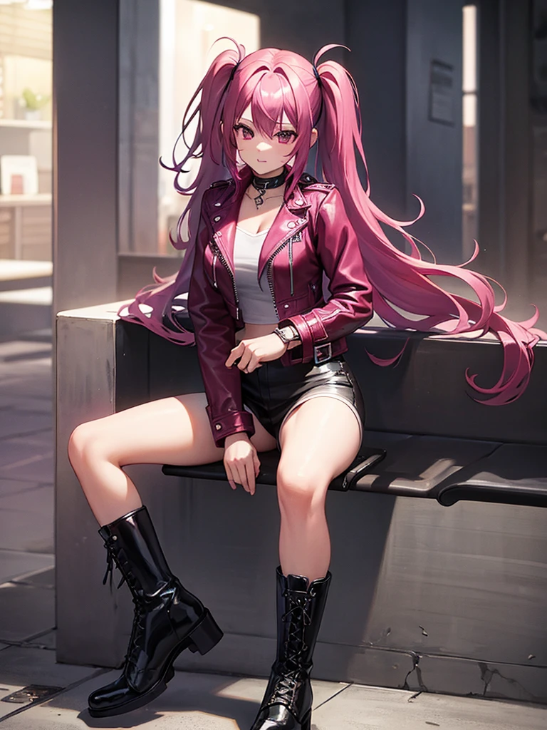Magenta hair poneyTail leather jackets Leather boots rock style long hair