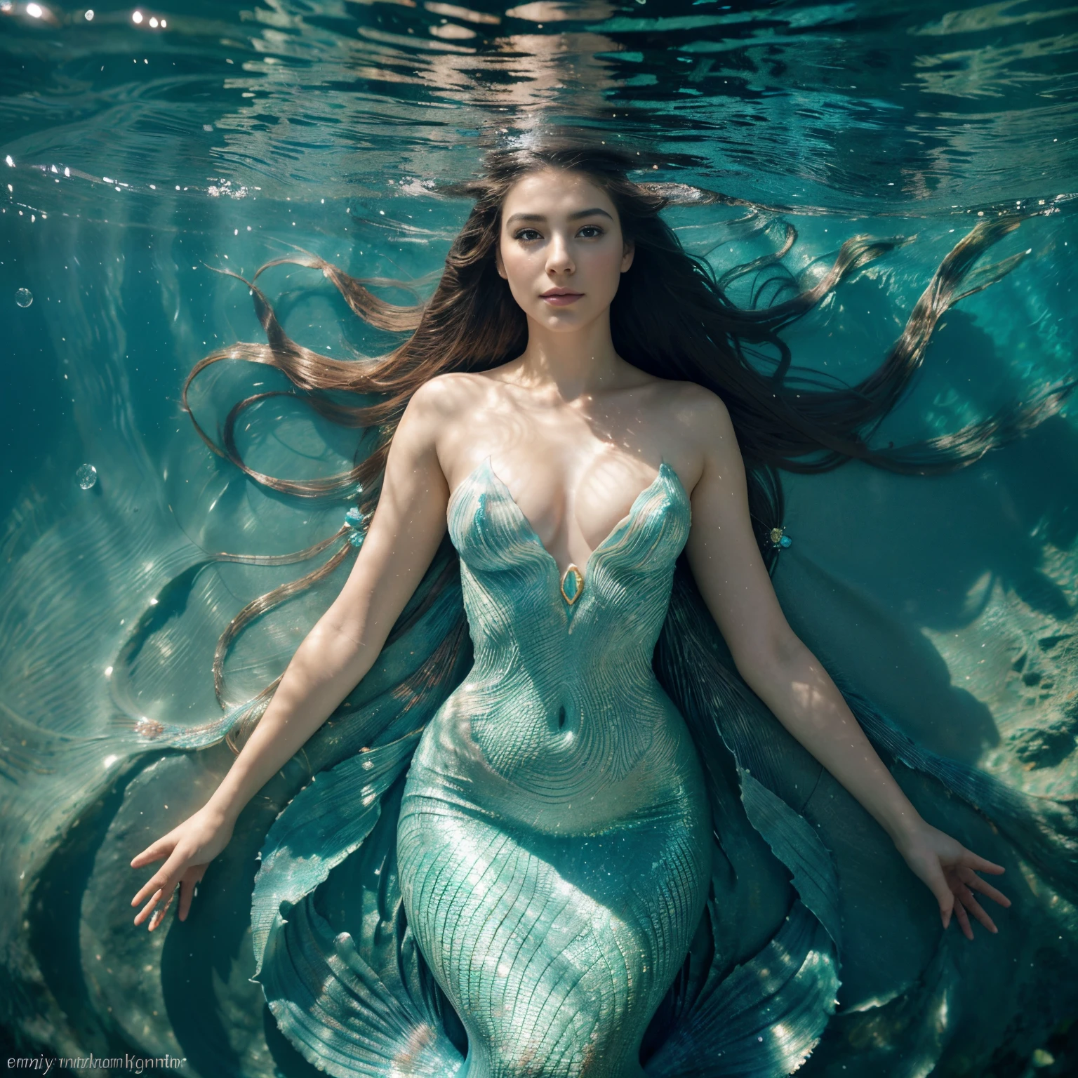(best quality,4k,8k,highres,masterpiece:1.2),ultra-detailed,(realistic,photorealistic,photo-realistic:1.37),beautiful detailed eyes,beautiful detailed lips,extremely detailed eyes and face,longeyelashes,shiny and flowing hair,glowing underwater scene,sparkling scales covering the mermaid's body,ethereal and mystical atmosphere,dynamic posing and graceful movements,beautiful ocean backdrop with coral reefs and colorful marine life,soft and warm natural lighting,delicate and intricate details on the mermaid's tail,fantastical and surreal elements,majestic and powerful presence,water droplets glistening on the mermaid's skin,translucent and vibrant colors,reflections of light dancing on the water surface,seamless blend of fantasy and reality,portraying the mermaid's enchanting beauty and allure,secrets and mysteries hidden beneath the waves,graceful and elegant swimming motion,sparkling sunlight filtering through the water,mesmerizing and captivating spectacle,underwater flora and fauna adding depth and richness to the scene,majestic fins and delicate aquatic accessories,deep and inviting eyes drawing viewers into the mermaid's world,magical and ethereal ambiance,serene and tranquil atmosphere,evoking a sense of wonder and awe,harmonious and fluid composition,stunning and awe-inspiring portrayal of the mermaid's whole body.