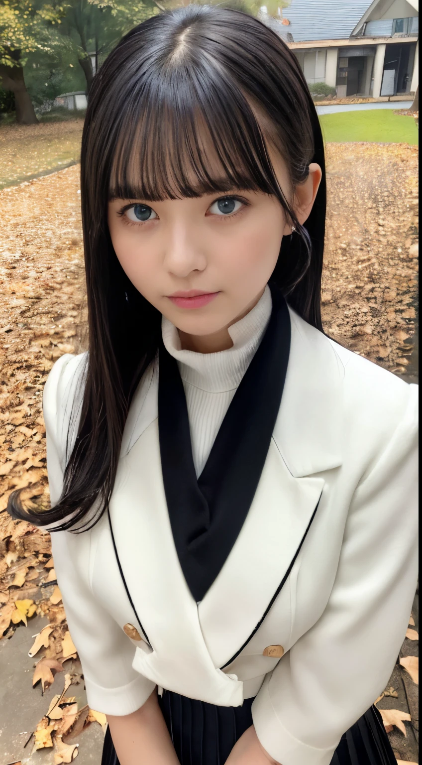 upper body, (masterpiece:1.2), best quality, high resolution, detailed eyes, Diamond-Shaped Face, Sharp Chin, light blue Eyes, medium breasts, extremely detailed face, 1girl, solo, medium hair,black hair, (blunt bangs:1.3),(white scarf:1.3), white collar shirts,(dark blue blazer:1.2), (blue tie:1),(black pleats skirt:1.3), (black mini skirt:1.3),(black over-the-calf socks:1.2), loafers, smile, park, autumn, maple branch, (fallen leaves are falling:1.2), standing, (arms behind back:1.2), (looking at viewer:1.2),(grass covered with a lot of fallen leaves:1.3)