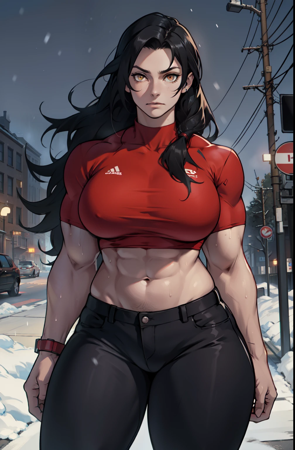 pale skin solo 1 girl black hair yellow eyes expressionless (very long hair sweaty) dark atmosphere (huge breasts bodybuilder toned body muscular) tight red shirt tight pants curvy thick thighs wide hips snow veins dark atmosphere nighttime