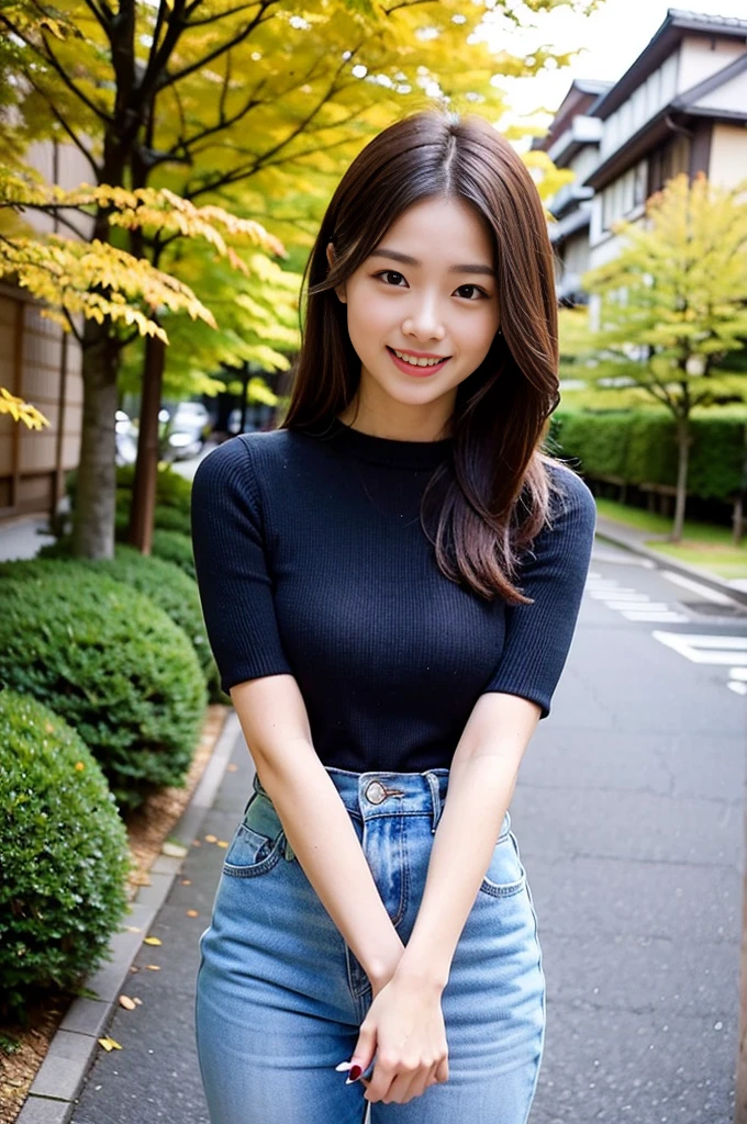 The most beautiful woman working as a club hostess in Ginza、with shiny brown hair、At Arashiyama in Kyoto、wearing casual elegant clothes、enjoying the autumn leaves、Very enchanting.。She's full of confidence々Smiled at.、toward to the camera。her fashion and expressions、The perfect balance of cuteness and elegance、draw the viewer in、&#39;Don&#39;t let go.。Throughout this scene、express her charm to the fullest