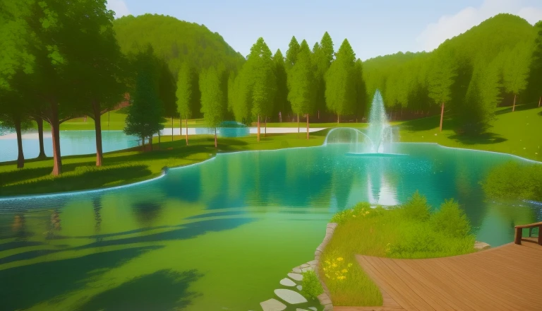 painting of a pond、A bridge and a fountain surrounded by trees, Detailed lake in background, stylized as a 3d render, stylized 3d render, Stylized 3D rendering, detailed water, realistic water, photorealistic screenshot, Stylized, Rendered in Unity 3D, Detailed landscapes, highly detailed environments, stylized shadow