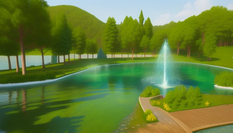painting of a pond、A bridge and a fountain surrounded by trees, Detailed lake in background, stylized as a 3d render, stylized 3d render, Stylized 3D rendering, detailed water, realistic water, photorealistic screenshot,  Stylized, Rendered in Unity 3D, Detailed landscapes, highly detailed environments, stylized shadow