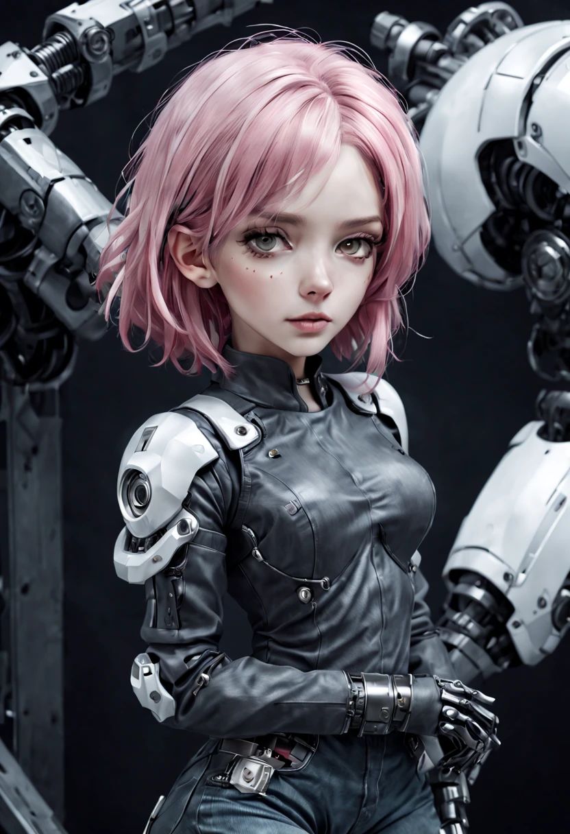 Girl, dark color matching, grey futuristic denim fabric top, pearl legs, white auxiliary robotic arm, pink hair, black and white Mechanical helmet, metal-coated mechanical texture, Exoskeleton Mech, unopened sci-fi style illustration art, black and white Mechanical Background, Mechanical Gloss, Wreck, Perfect facial Detail, Best Quality, Official Art, 8k wallpaper, High Detail, Illustrations, Detailed eyes, luminous decoration, Best quality, Official art, 8k wallpaper, High detail, illustrations, Detailed eyes