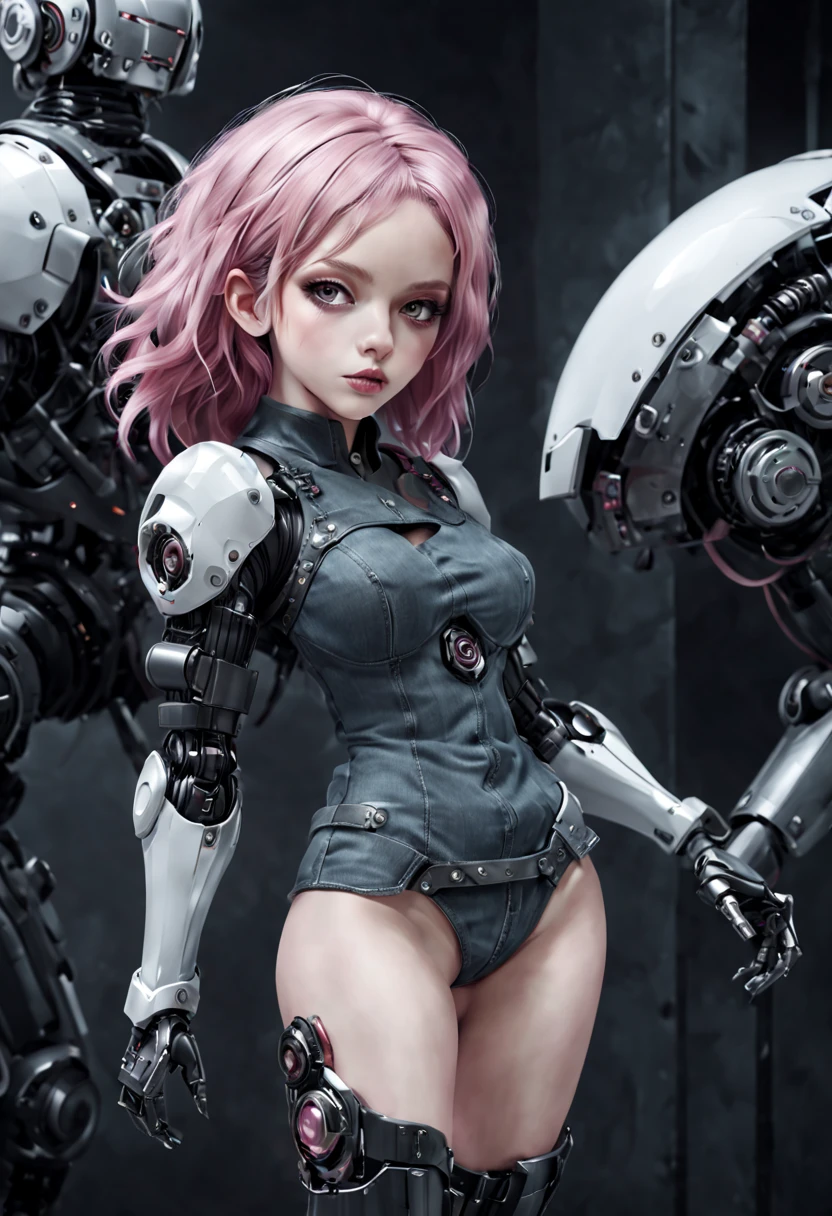 Girl, dark color matching, grey futuristic denim fabric top, pearl legs, white auxiliary robotic arm, pink hair, black and white Mechanical helmet, metal-coated mechanical texture, Exoskeleton Mech, unopened sci-fi style illustration art, black and white Mechanical Background, Mechanical Gloss, Wreck, Perfect facial Detail, Best Quality, Official Art, 8k wallpaper, High Detail, Illustrations, Detailed eyes, luminous decoration, Best quality, Official art, 8k wallpaper, High detail, illustrations, Detailed eyes