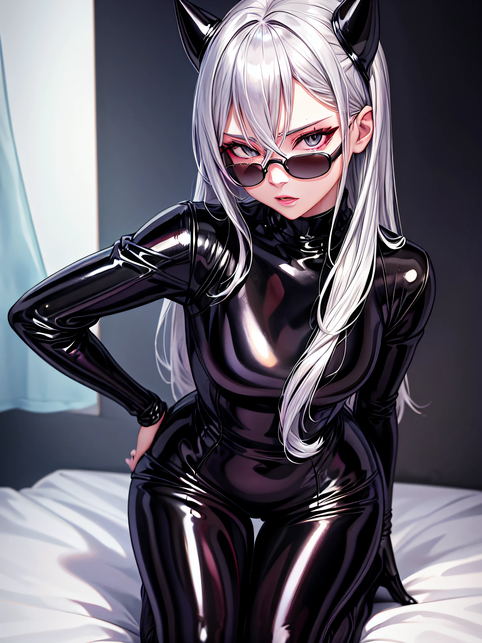 top-quality、8K UHD、A beautiful silver-haired woman with a small nose wearing glasses and a latex sweatsuit is kneeling.、Shiny latex sweatsuit with hidden skin、low angles、独奏、 there is a woman in a black dress posing for a picture, Wearing latex costumes, wearing black latex outfit, sexy dress, shiny black dress, black leather slim clothes