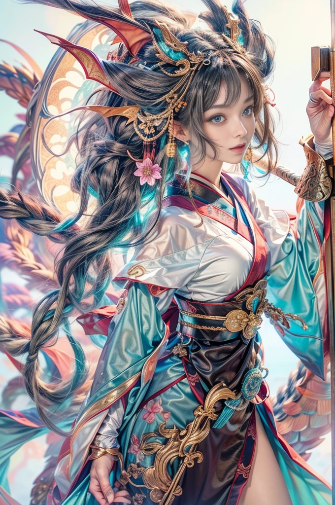 (Photoreal Stick:1.4, masutepiece:1..3, 8K), top-quality, ​masterpiece, 超A high resolution, Perfect dynamic composition, Professional camera work, Grow Light Effect, Mystical portrait, Cinematic Light, Highly detailed skin and facial texture:1.3, The ultra-detailliert, A detailed eye, (riding a dragon, holding an cane), (myterious:1.3, Fanciful:1.2, tradition:1.2, majestueux:1.2), 1girl in, 25-years old, cute and ???? slim goddess, Fair skin, (Enraptured look:0.9, Totally captivates you:1.0), (japanese miko costume:1.3), (voluptuous ???????:0.9), (Backshots, Calm pose), (Beautiful blue eyes, Eyes that feel beautiful eros:0.85), ???? face:0.4, (A mouthfeel that feels beautiful eros:0.85), ((Too cute beauty:0.9)), Detailed limbs, Fantastic background