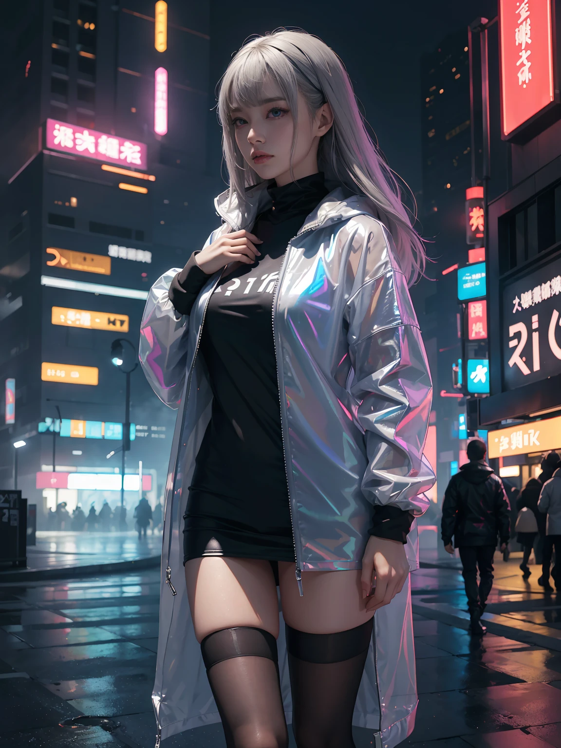 one-girl.long whitr hair,see-through raincoat,Laser set,Hologram effect,vivd colour,Cyberpunk Mechanical City,Scenes,dream,neonlight,Styled from BladeRunner 2049,Soft rubber,Dream fog,电影灯光,natural soft light,depth field effect,c4d，Blander,3D,2.5 days,high detal,high high quality,A high resolution,k hd,8k--ar+3:4--niji5SD large model