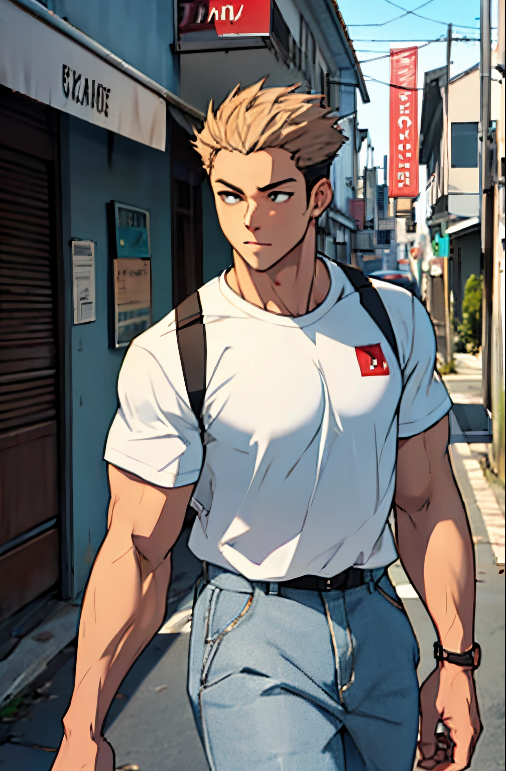 A mais alta qualidade, no meio de uma avenida movimentada, apoiado em um dos postes, adolecente, lion men, vestindo uma camiseta preta sem estampa, masculo, peitoral um pouco apertado na camisa, (angulo de baixo), pernas definidas, defined arms, abdomen definido, com a camisa,