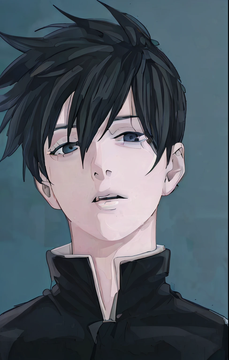 teenager with black short hair, pale white skin, gray eyes, pale lips and black vest